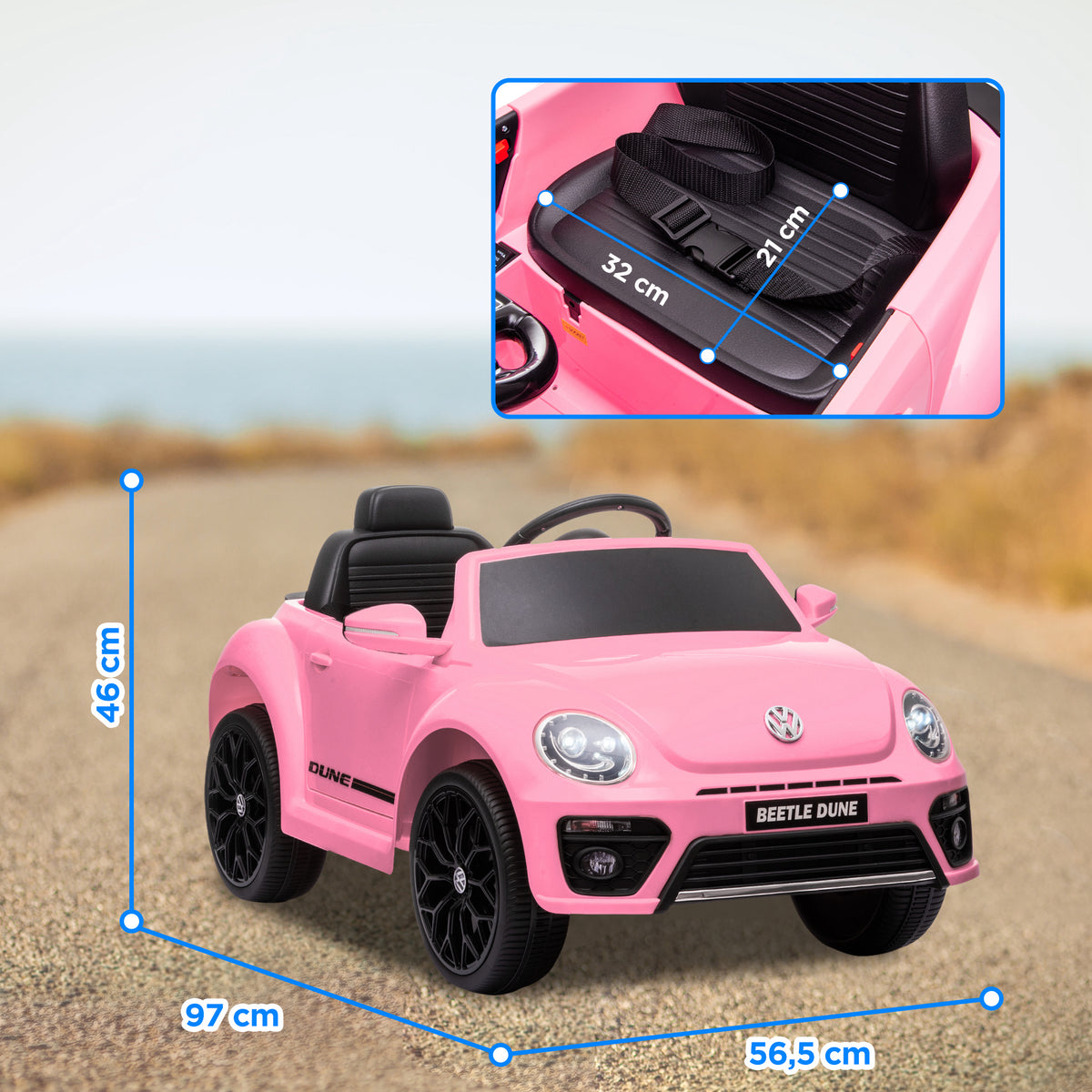 Carro Elétrico para Crianças acima de 3 Anos Carro Elétrico Infantil Volkswagen Beetle com Bateria 12V Controlo Remoto Faróis Buzina e Música 97x56,5x46 cm Rosa — foto 3