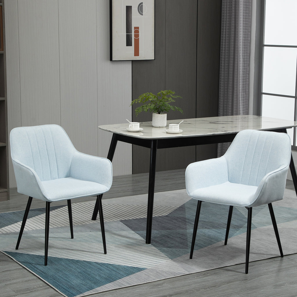 Conjunto de 2 Cadeiras de Sala de Jantar Estofadas em Linho Cadeiras de Cozinha com Encosto Apoio para os Braços e Pés de Metal 59,5x56,5x81 cm Azul — foto 2