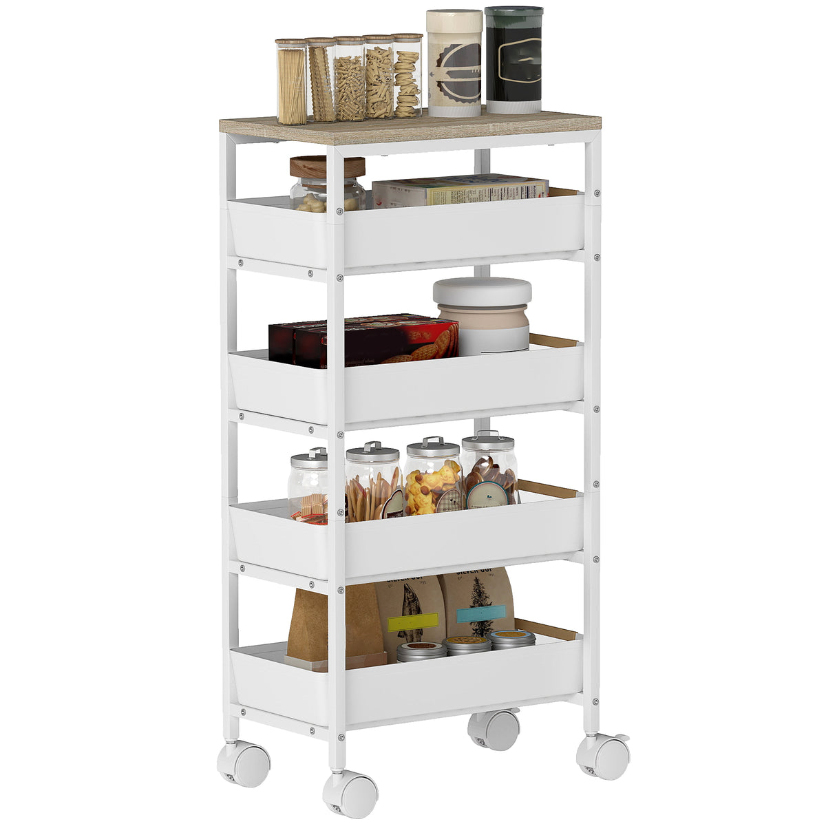 Carrinho de Cozinha de Armazenamento de 5 Níveis Carrinho Auxiliar com Rodas Bancada com Efeito Madeira e 4 Gavetas Removíveis Carrinho de Cozinha 39,5x24x82 cm Branco — foto 1