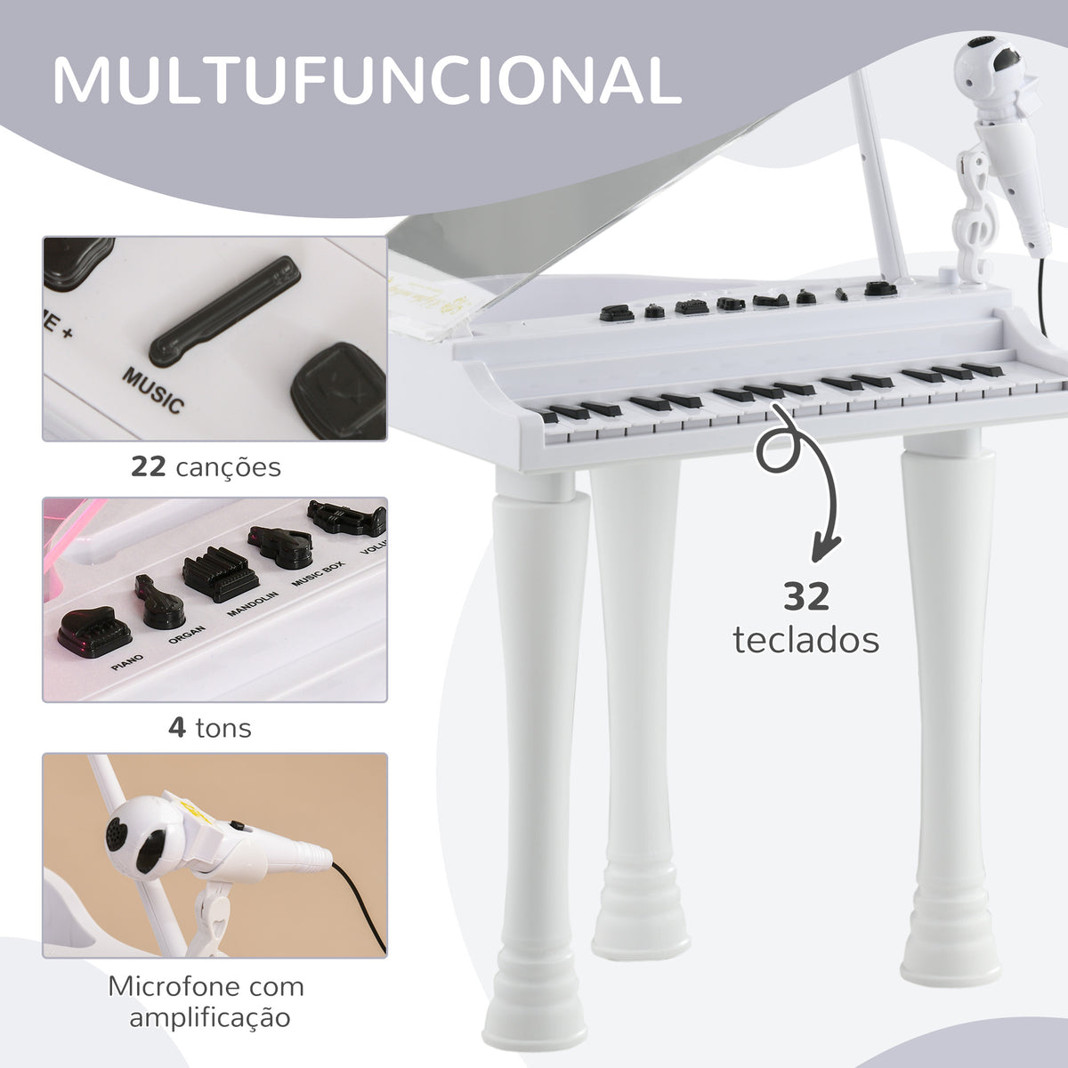 Piano Eletrónico para Crianças com 32 Teclas Piano com Microfone Banco Luzes 22 Músicas 4 Tons Pés Amovíveis e Volume Ajustável 37x30,5x60,4 cm Branco — foto 4