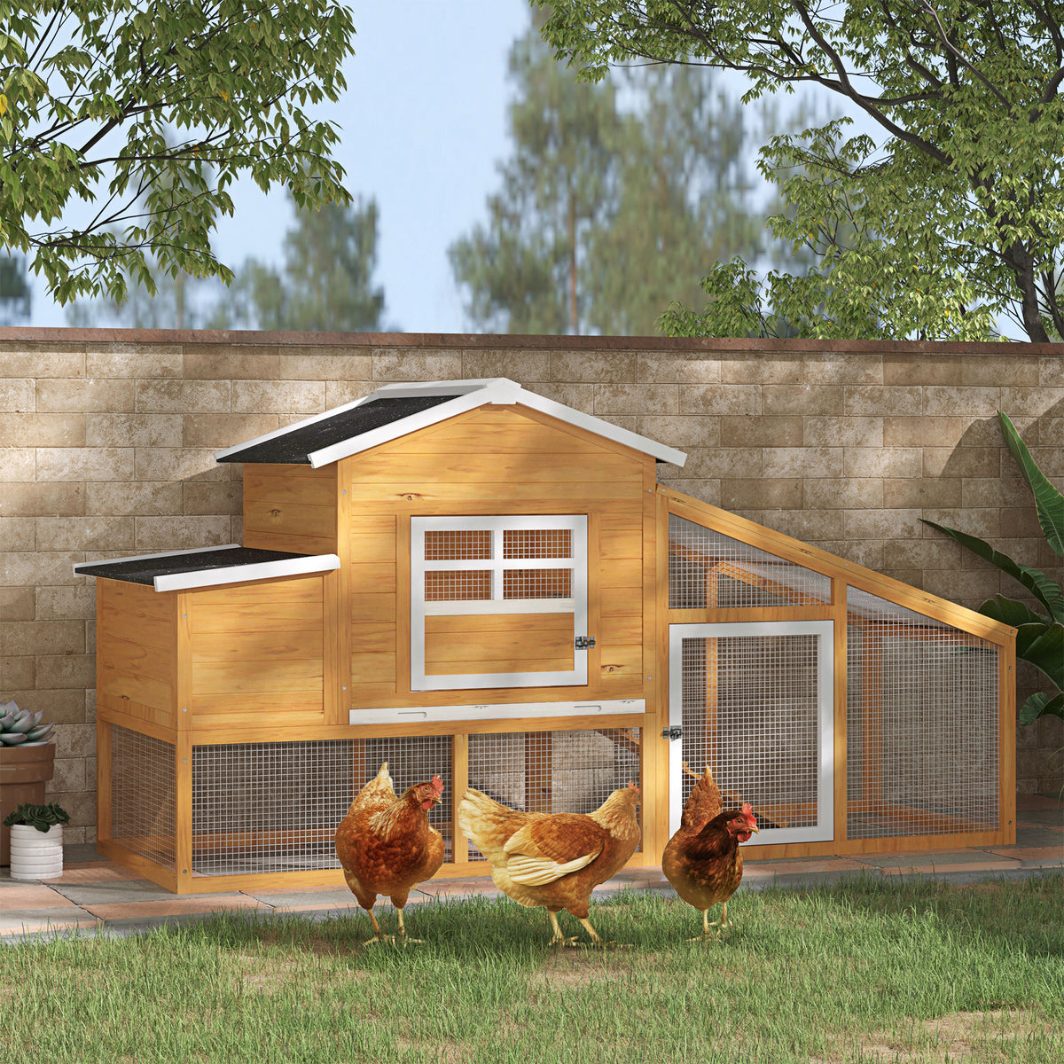 Galinheiro de Madeira Exterior Gaiola para 2-4 Galinhas com Grade de Arame Tetos Asfálticos Ninho Bandeja Removível Rampa e Zona Aberta 200x80x105cm Natural — foto 2
