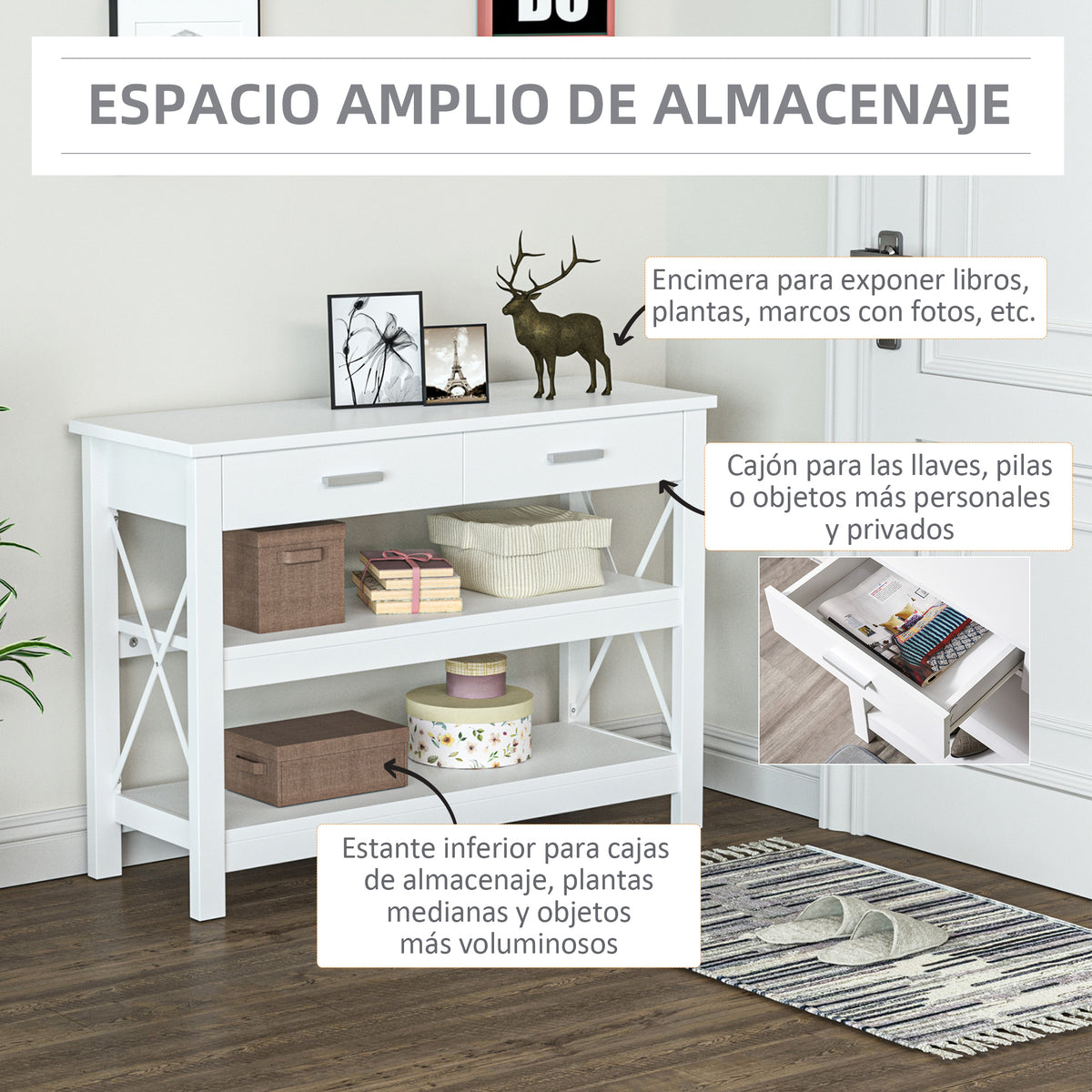 Mesa de console de estilo moderno com 2 gavetas e prateleiras inferiores 105x40x76 cm Branco — foto 4