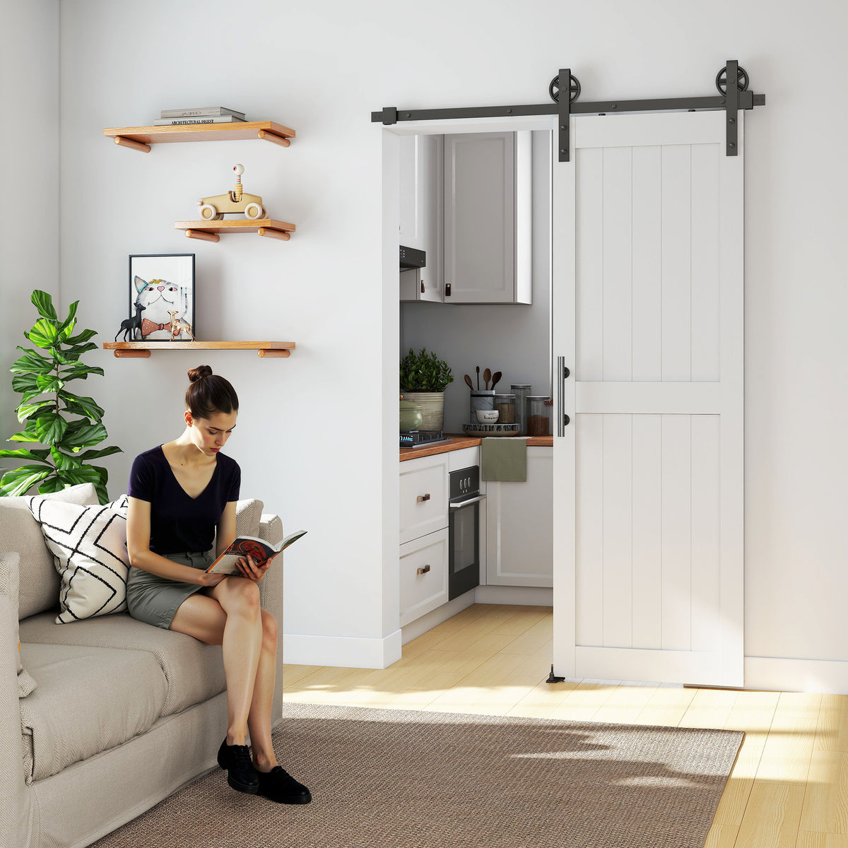 Porta de Correr Celeiro com Ferragens Porta Corredera de Interior com Puxador Rolo e Guia de Chão para Casa de Banho Sala de Estar 71,5x213,4 cm Branco — foto 2