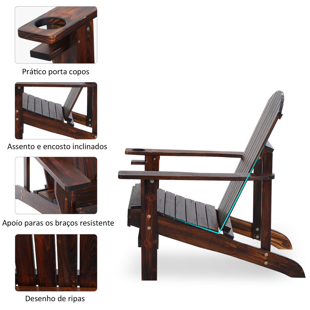 Cadeira Adirondack de Madeira Cadeira de Jardim com Apoio para os Braços Encosto Alto para Terraço Balcão Exterior 72,5x97x96cm Marrom — foto 5