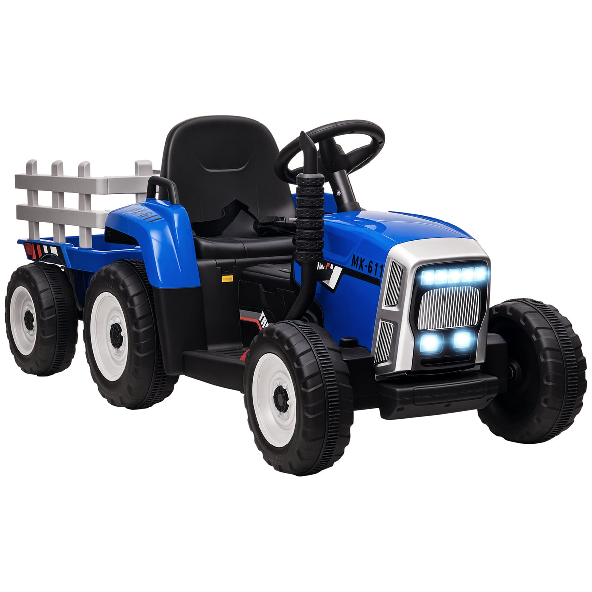Trator Elétrico com Reboque Amovível Carro Elétrico para Crianças 3-6 Anos com Controlo Remoto Música MP3 Luzes e Cinto de Segurança 136,5x50x52,5 cm Azul — foto 1