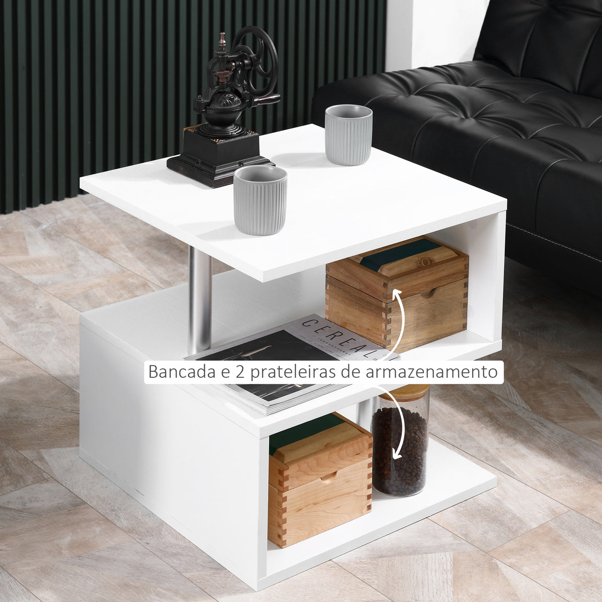 Mesa de Centro Mesa Auxiliar de Sala de Estar com Forma de S Compartimentos Abertos 2 Níveis Desenho Elegante 50x50x50cm Branco — foto 5