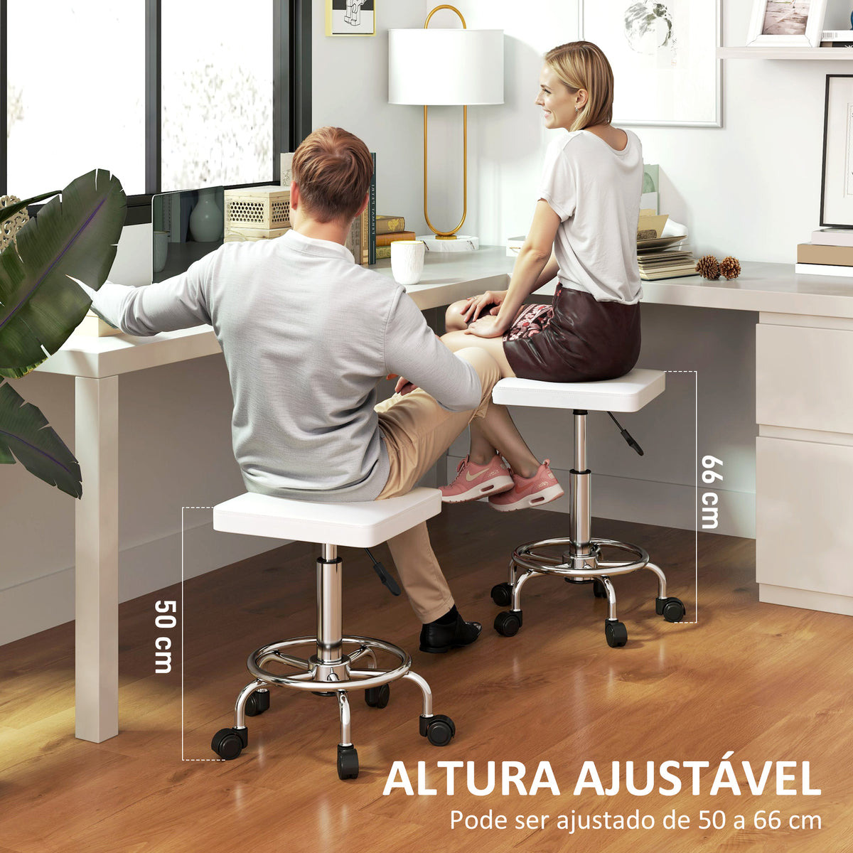 Banco Giratório Banco com Rodas Altura Regulável 50-66 cm Assento Estofado em Imitação de Couro Descanso para os Pés para Salões e Oficinas 34x34x50-66 cm Branco — foto 4