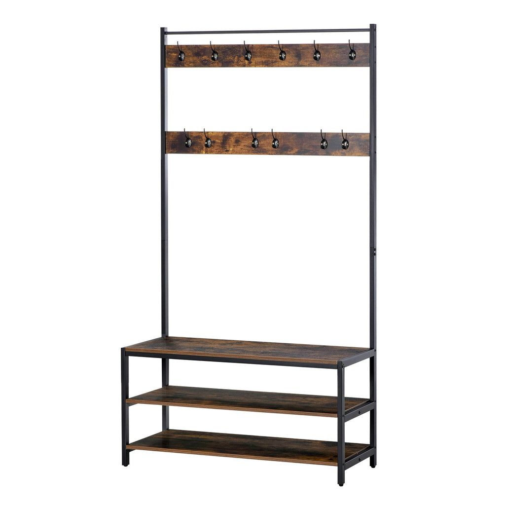Cabide com sapateira Cabide com 12 ganchos Banco estilo industrial com 3 prateleiras Estrutura metálica 100x40x184 cm Castanho Rústico e Preto — foto 1