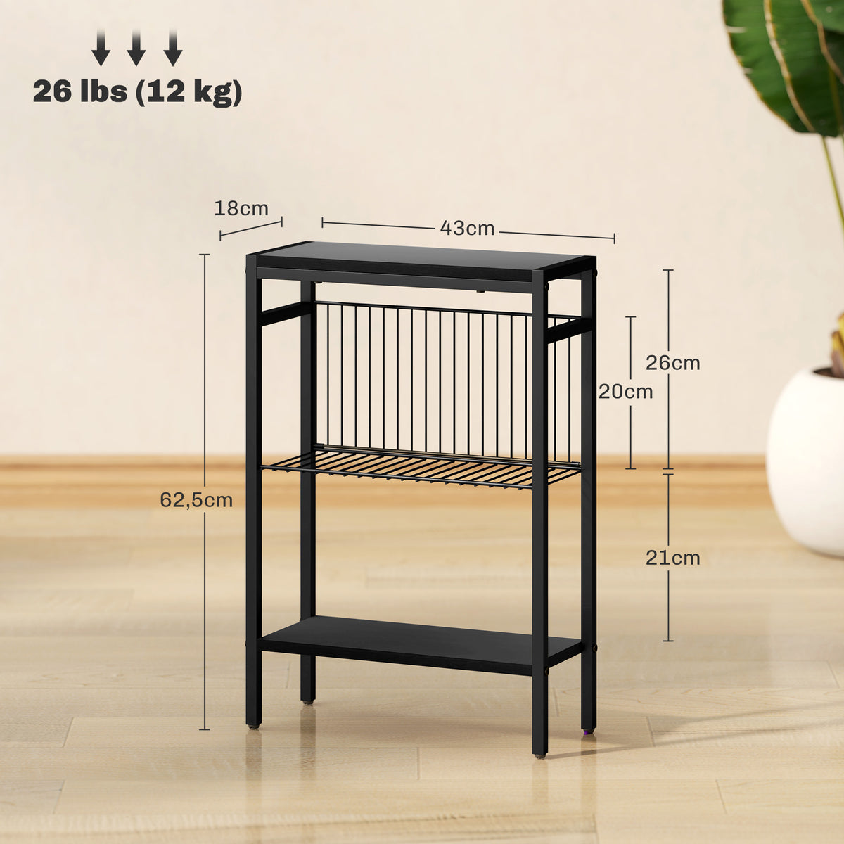 Essenza Mesa Auxiliar Estreita de 3 Níveis Industrial Preto 43x18x62,5 cm — foto 3