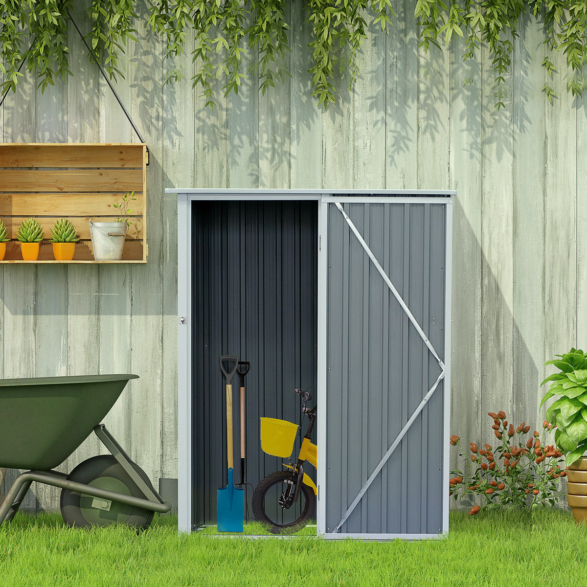 Galpão para armazenamento para jardim armazém para ferramentas de jardinagem com telhado inclinado de aço galvanizado 143x89x186cm Cinza — foto 2