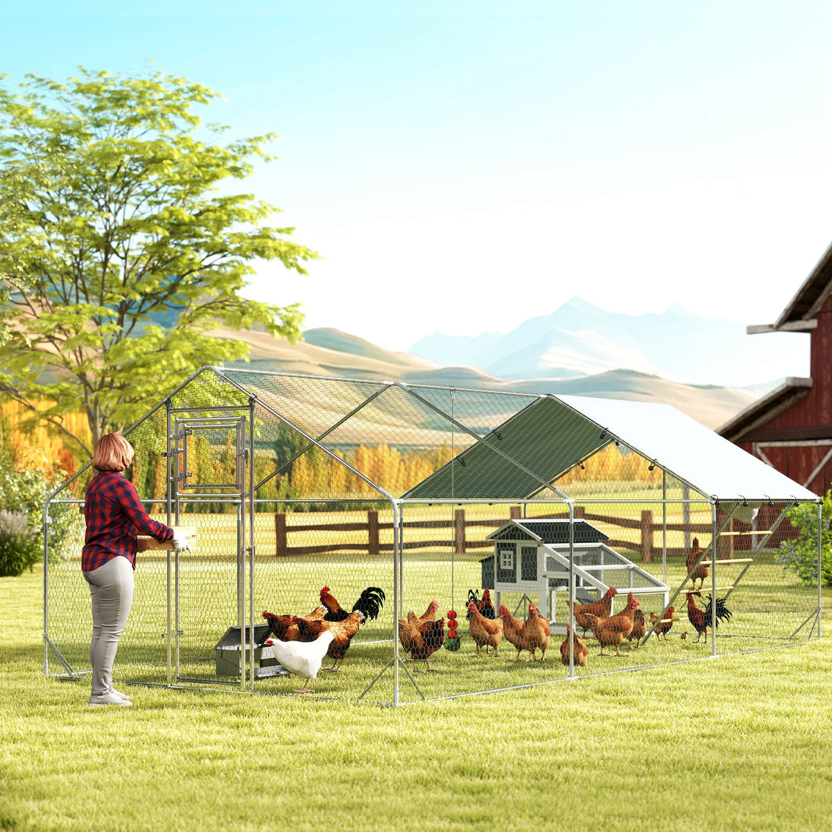 Galinheiro para Exterior 3x6 m Galinheiro de Aço Galvanizado com Comedouro Suspenso Tipo Espeto Poleiro Cobertura Anti-UV e Impermeável para Coelhos Patos Gansos Prata — foto 2