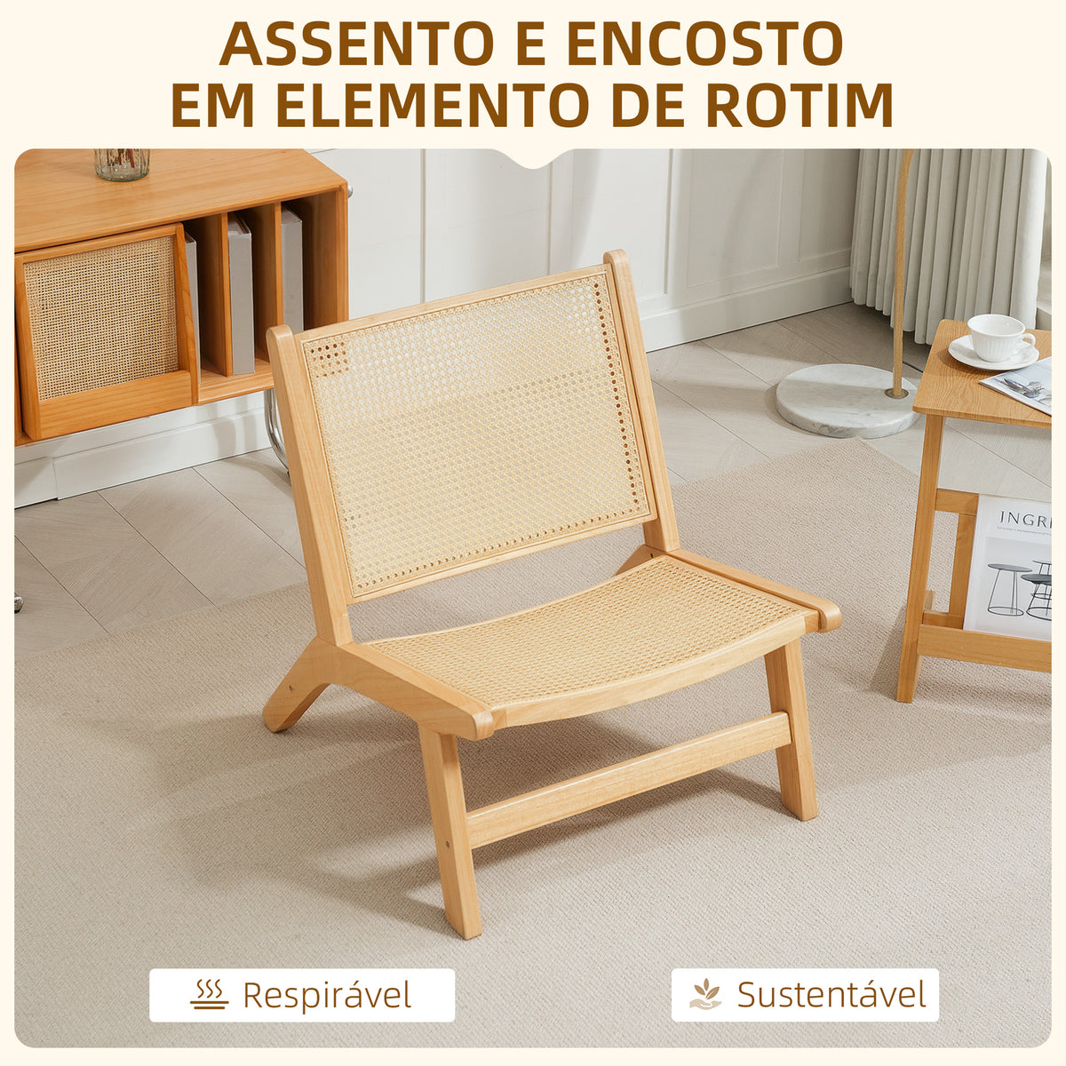 Cadeira para Sala de Estar Nórdica Poltrona com Encosto e Assento Amplo em Vime Estrutura de Madeira Poltrona para Dormitório Sala de Estar 64x70x74 cm Madeira e Bege — foto 4