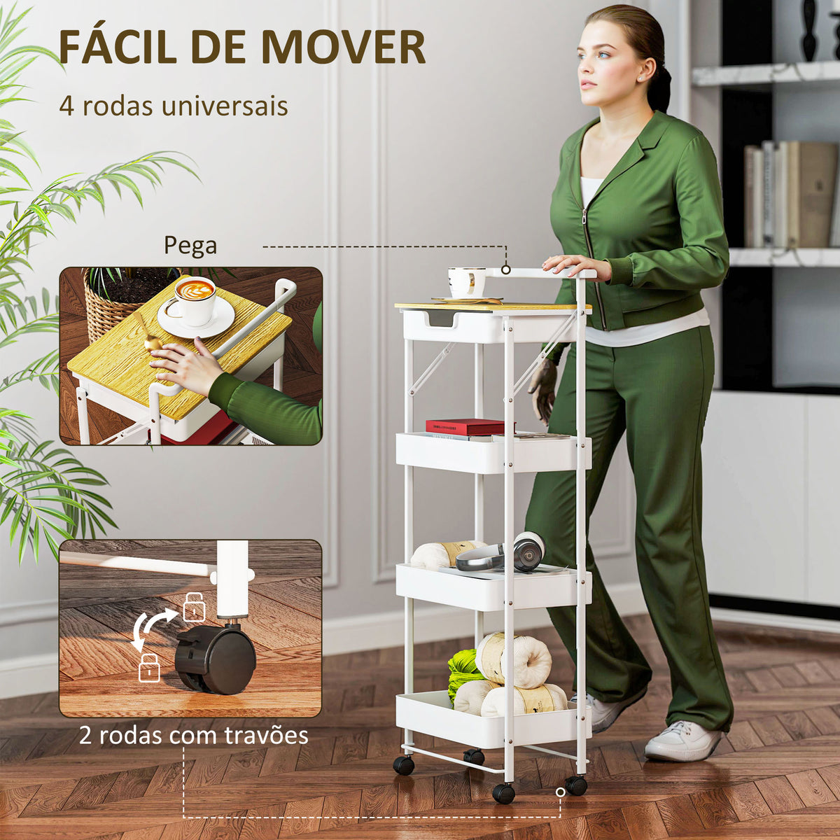 Carrinho Auxiliar com Rodas de 4 Níveis Carrinho de Cozinha com 1 Gaveta e 3 Cestos Carrinho Organizador para Dormitorio Sala Escritório 45x29,5x117,5 cm Branco — foto 5