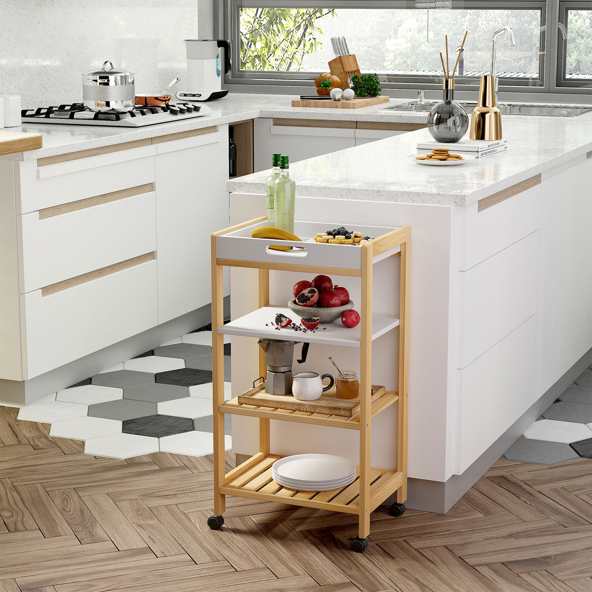 Carrinho de cozinha Carrinho de serviço doméstico de 4 niveis com bandeja removível Prateleira universal de rodas 40x30x76cm Madeira branca — foto 2