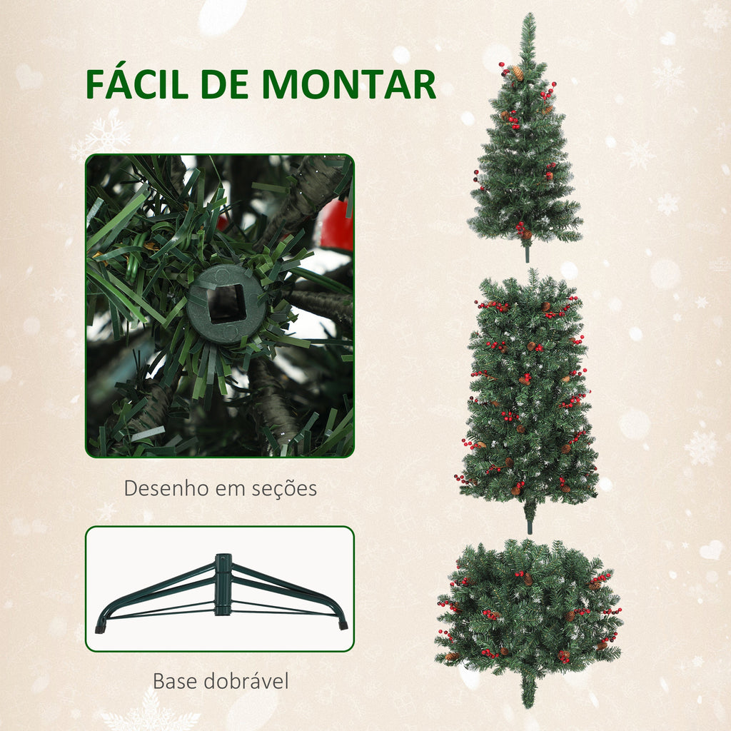 Árvore de Natal Slim 210 cm Árvore de Natal Artificial com Luzes LED Branco Quente 8 Modos de Iluminação 656 Ramos com Purpurina Prateada Pinhas Bagas e Suporte Metálico Verde — foto 7