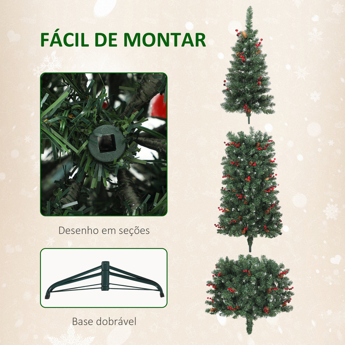 Árvore de Natal Slim 210 cm Árvore de Natal Artificial com Luzes LED Branco Quente 8 Modos de Iluminação 656 Ramos com Purpurina Prateada Pinhas Bagas e Suporte Metálico Verde — foto 7