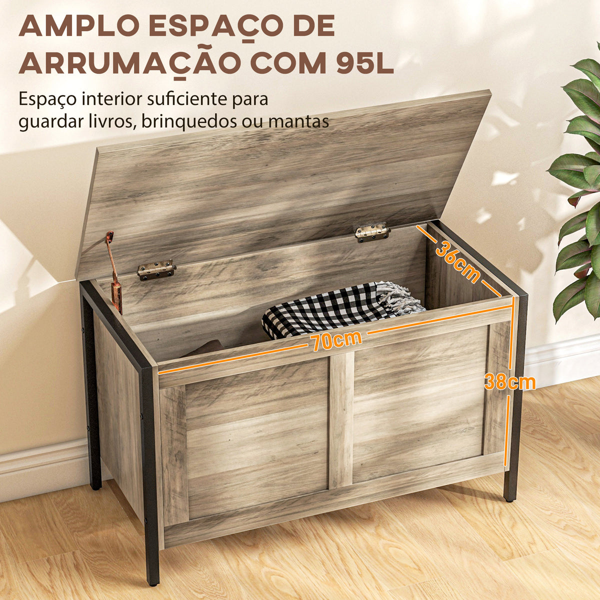 Baú de Armazenamento para Dormitório 95L Baú de Arrumação com Tampa Banco de Armazenamento Versátil com Dobradiça de Segurança para Corredor Sala de Estar 80x40x50 cm Cinza Claro — foto 4