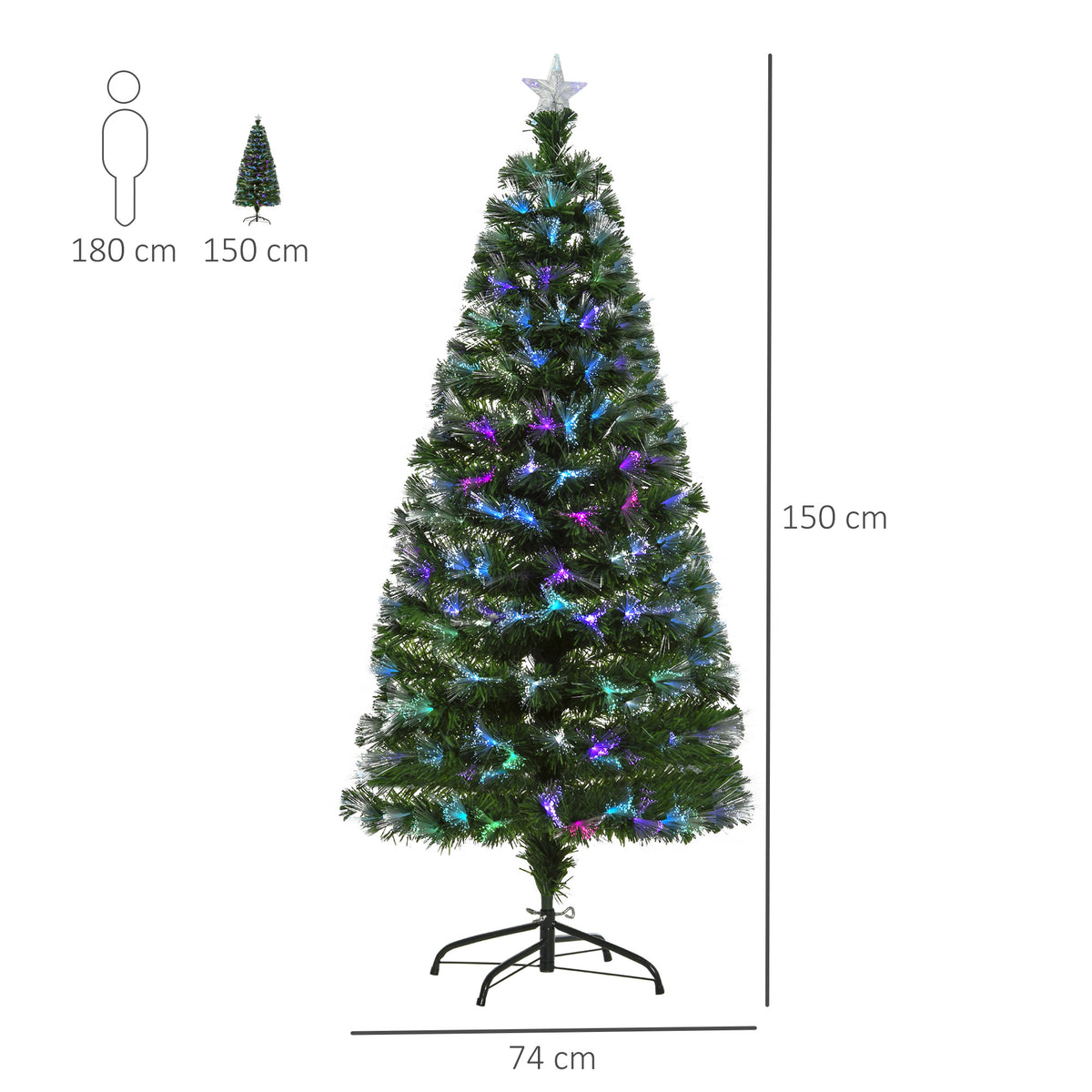Árvore de Natal Artificial 150cm com 180 Ramos Luzes LED de Múltiplas Cores e Estrela Decorativa Ø74x150 cm Verde — foto 3