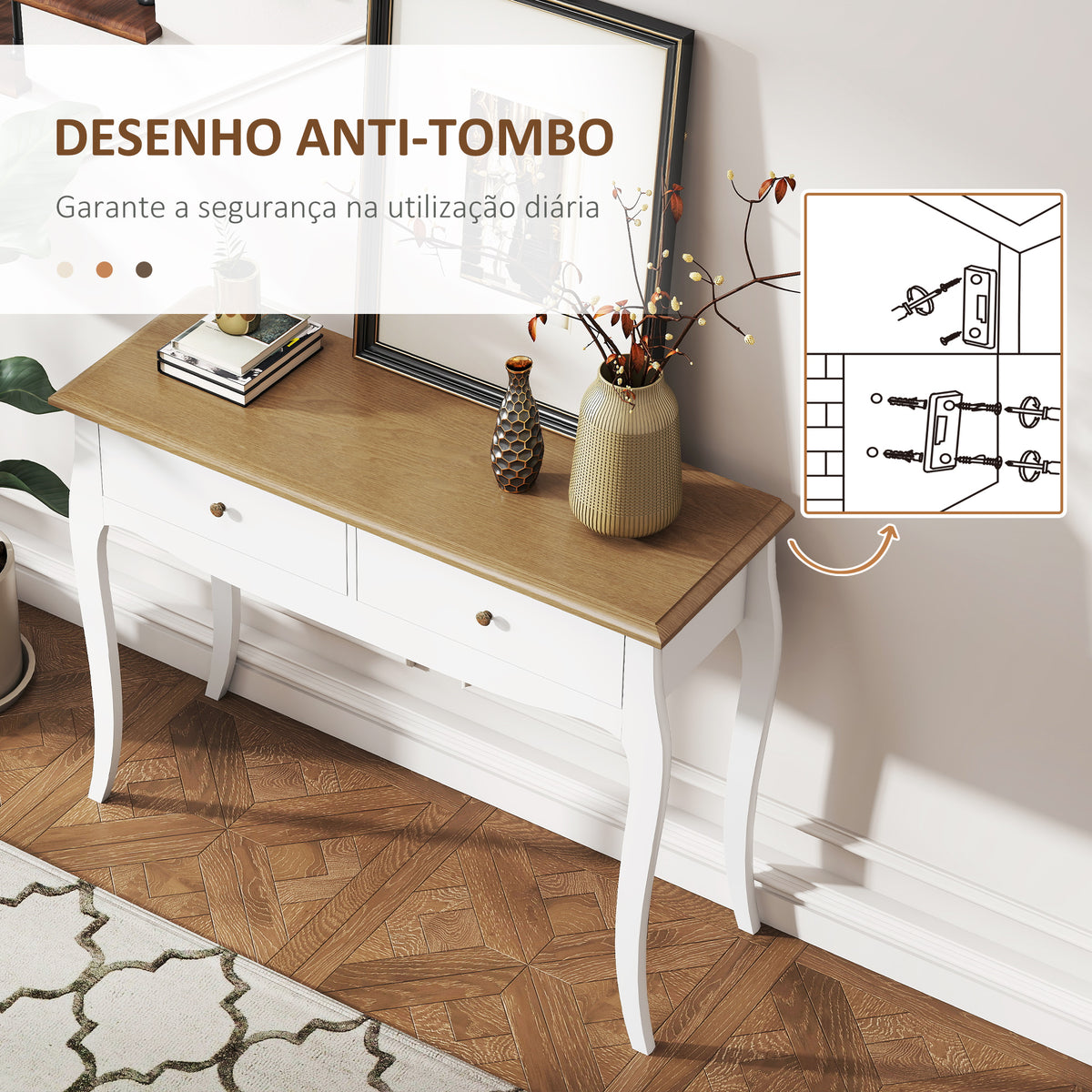 Mesa Consola Consola de Entrada com 2 Gavetas Estilo Francês para Corredor Dormitório Sala de Estar 100x35x76,5 cm Branco e Marrom Escuro — foto 6