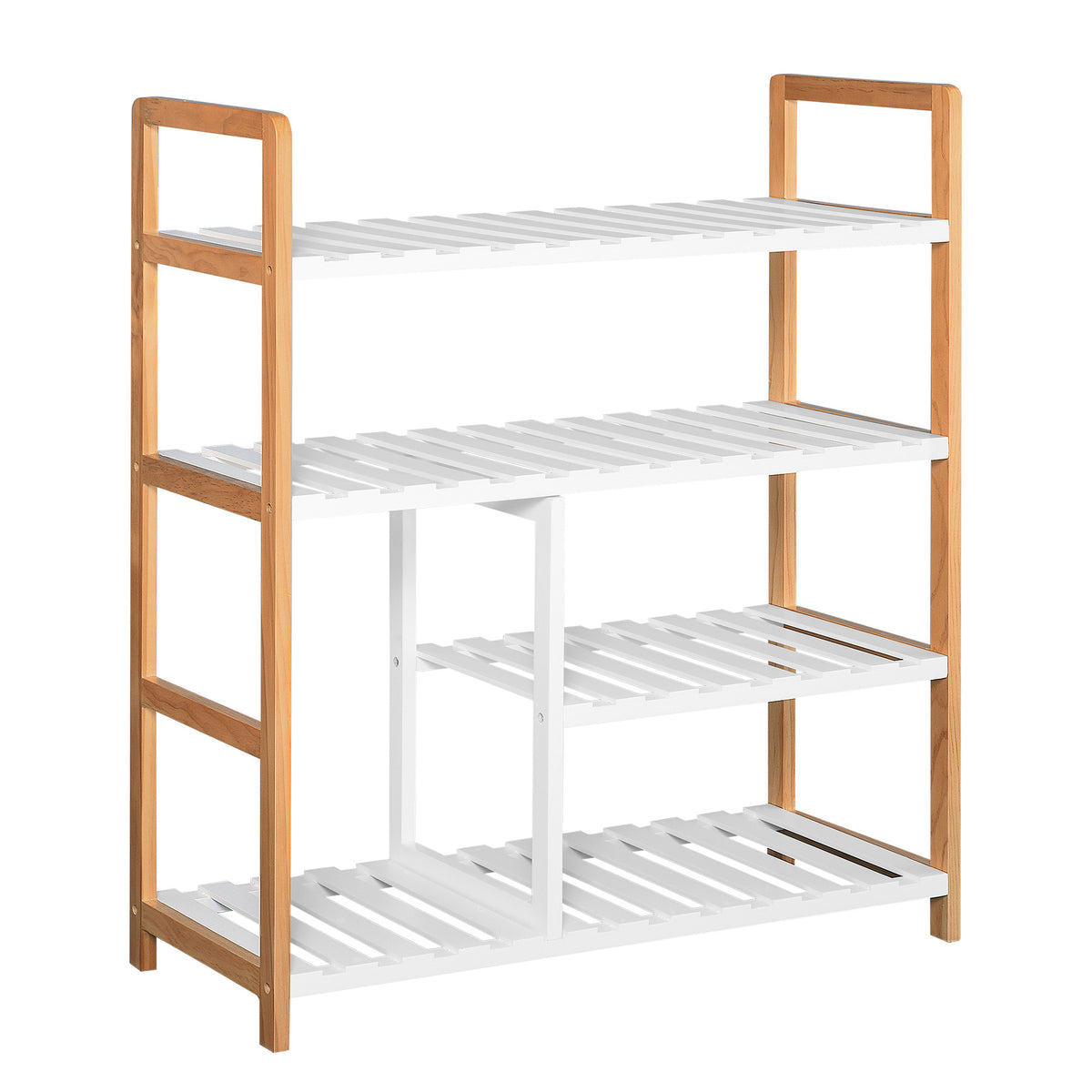 Sapateira multiuso com 4 níveis Máximo 11 pares com compartimento para botas altas Prateleira para sapatos Madeira maciça de pinho 68x26x78 cm Branco — foto 1