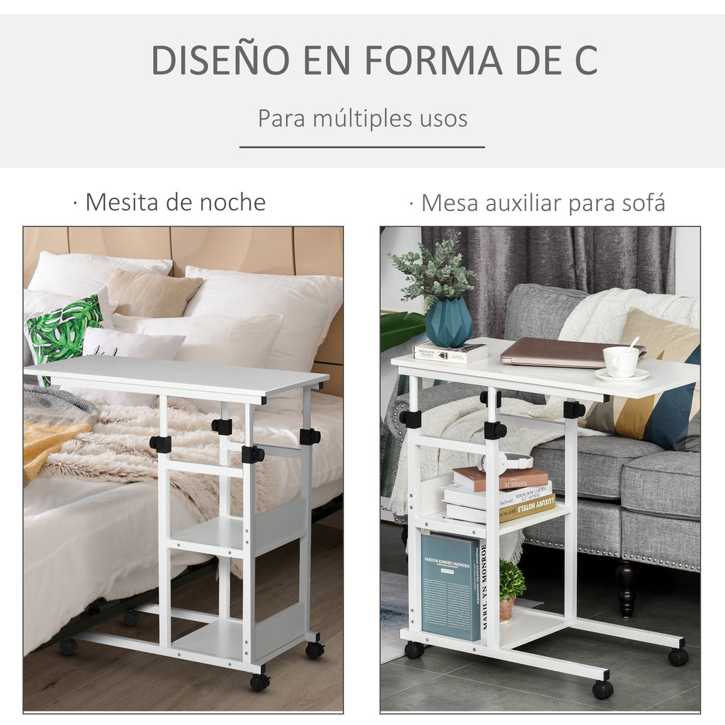 Mesa Lateral para Sofá Mesa lateral em Forma de C com 4 rodas Giratórias Freios Altura Ajustável 3 níveis Estrutura Metálica 80x40x72-82cm Branco — foto 4