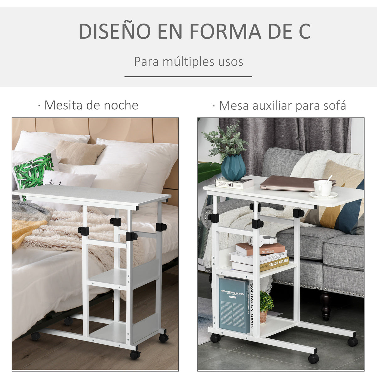 Mesa Lateral para Sofá Mesa lateral em Forma de C com 4 rodas Giratórias Freios Altura Ajustável 3 níveis Estrutura Metálica 80x40x72-82cm Branco — foto 4