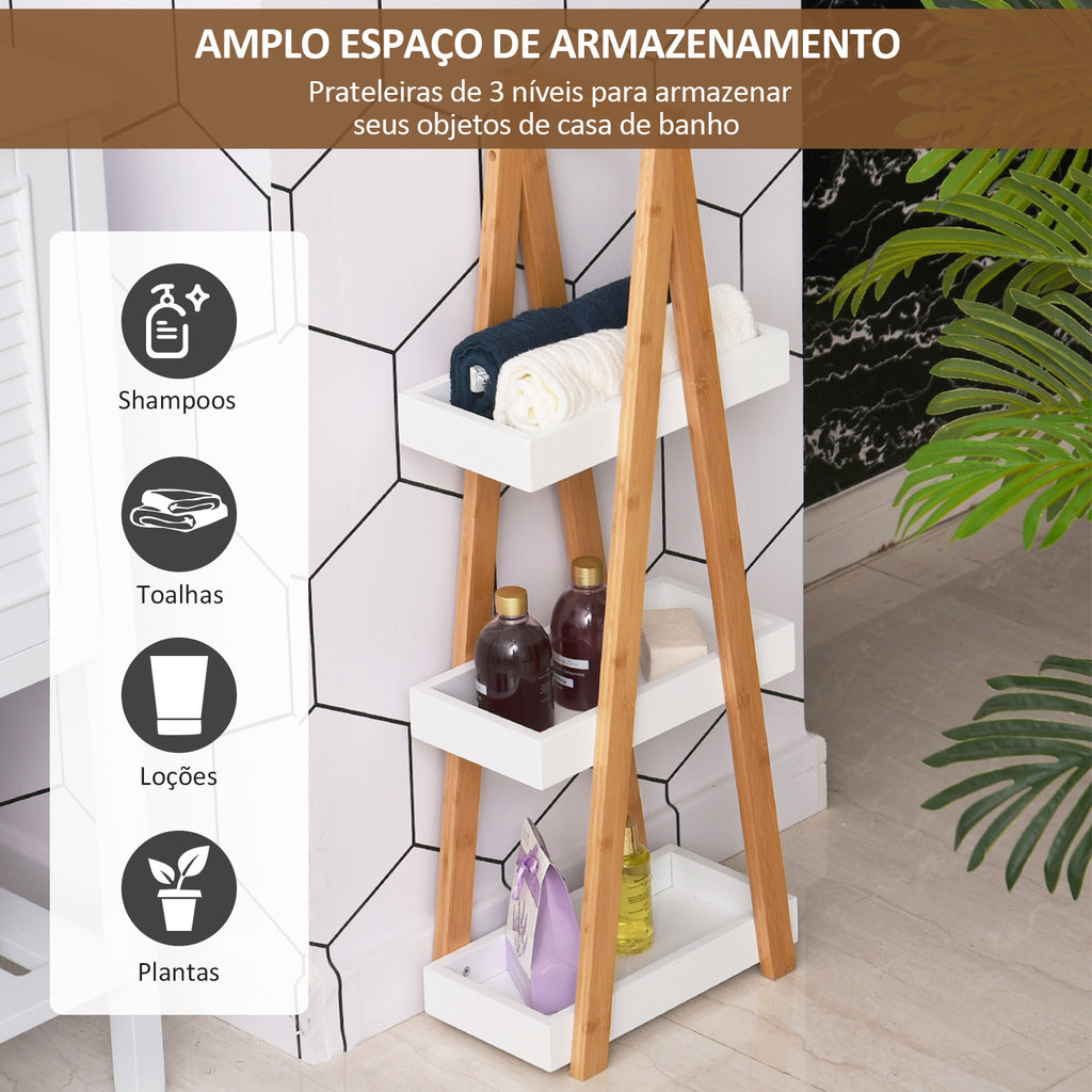 Estante de Bambú para Casa de Banho com 3 Prateleiras de Armazenamento Móvel Organizador para Cozinha Sala de Estar Lavanderia 30x18x81cm Madeira e Branco — foto 5