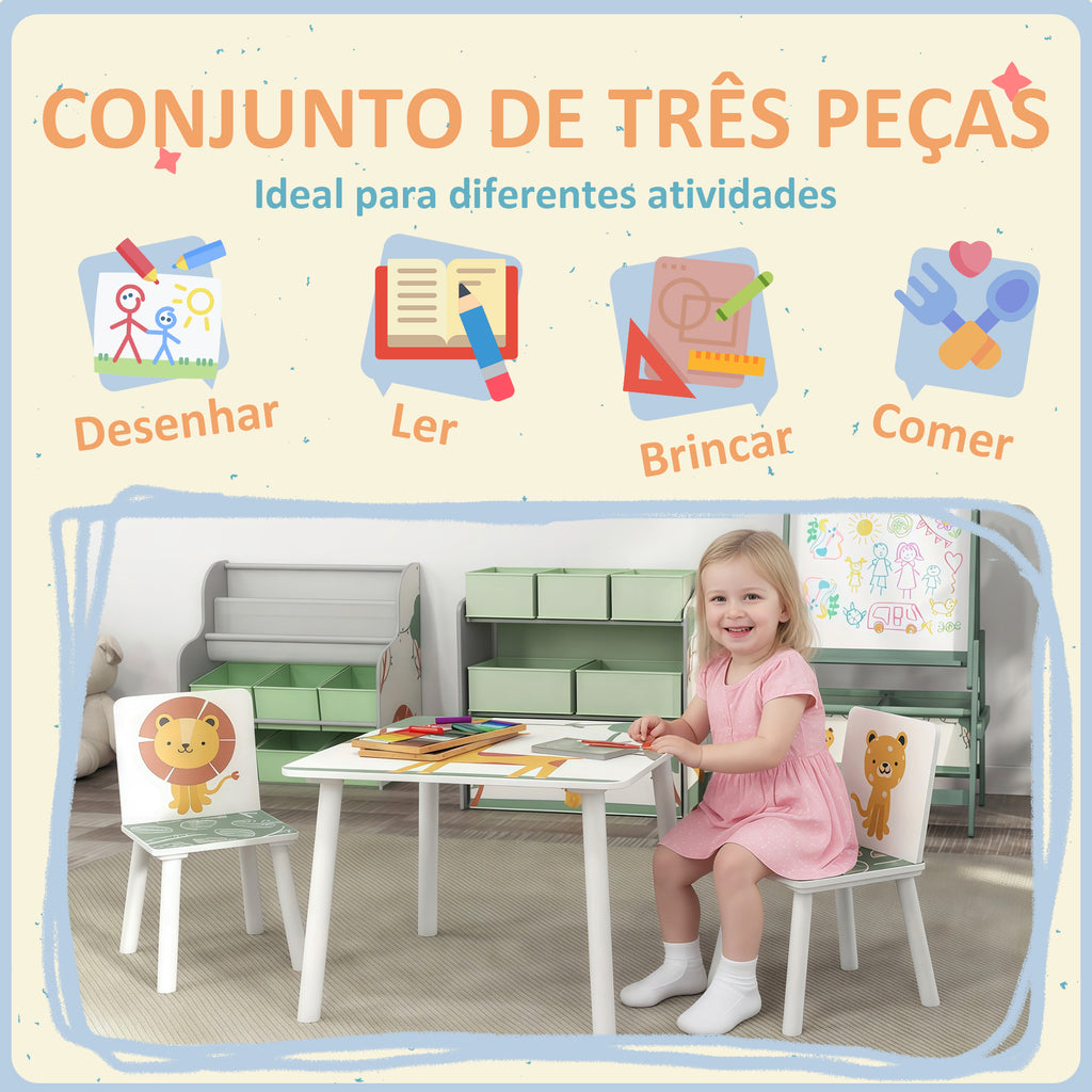 Mesa e Cadeiras para Crianças de 3 Peças Mesa Infantil com 2 Cadeiras em Madeira Conjunto de Móveis com Desenhos de Leões para Crianças Acima de 3 Anos para Quarto Sala de Jogos Verde — foto 4