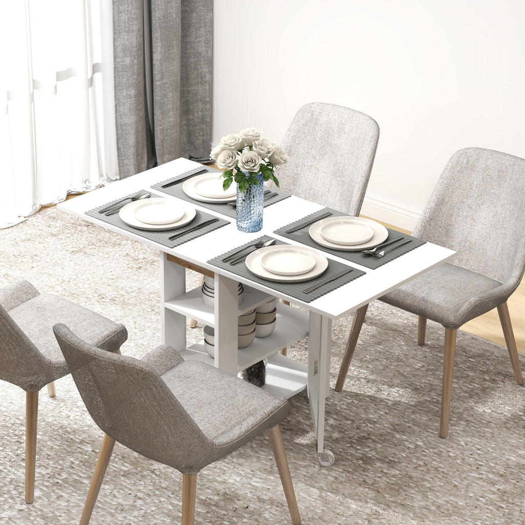 Mesa Dobrável com Asas Dobráveis Mesa de Cozinha com 2 Rodas e Prateleiras Estilo Moderno 120x60x75 cm Branco — foto 2