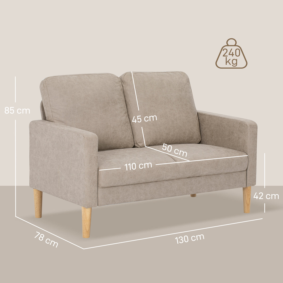 Sofá de 2 Lugares Estofado em Microfibra Sofá Moderno com Pés de Madeira Apoio de Braços para Sala Quarto Escritório Sala de Estar 130x78x85 cm Creme — foto 3