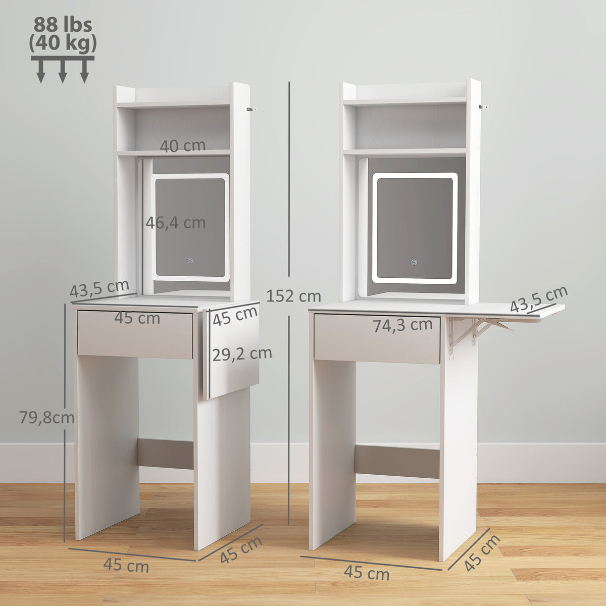 Tocador de Maquilhagem com Luzes LED de Cor Ajustável e Espelho Tocador com Lateral Rebatível Gaveta Compartimentos Abertos para Espaços Pequenos 45x45x152 cm Branco — foto 3
