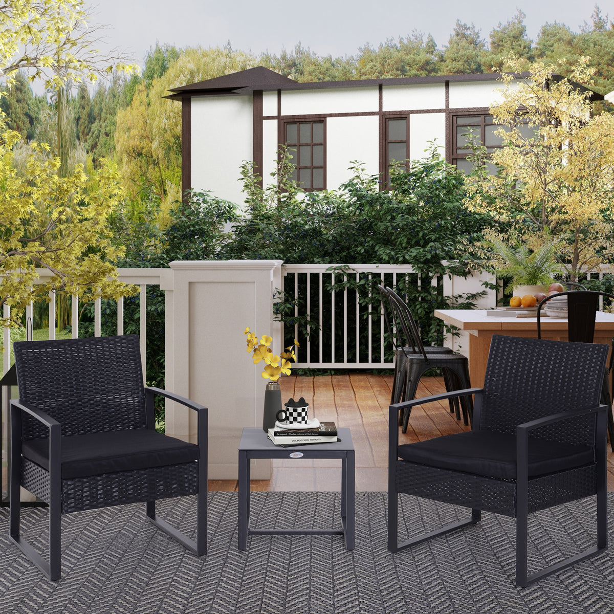 Conjunto de Móveis de Jardim de Vime 3 Peças com 1 Mesa 42,5x40x39 cm 2 Poltronas 63x57x76 cm Almofada Acolchoada para Pátio Varanda Preto — foto 2