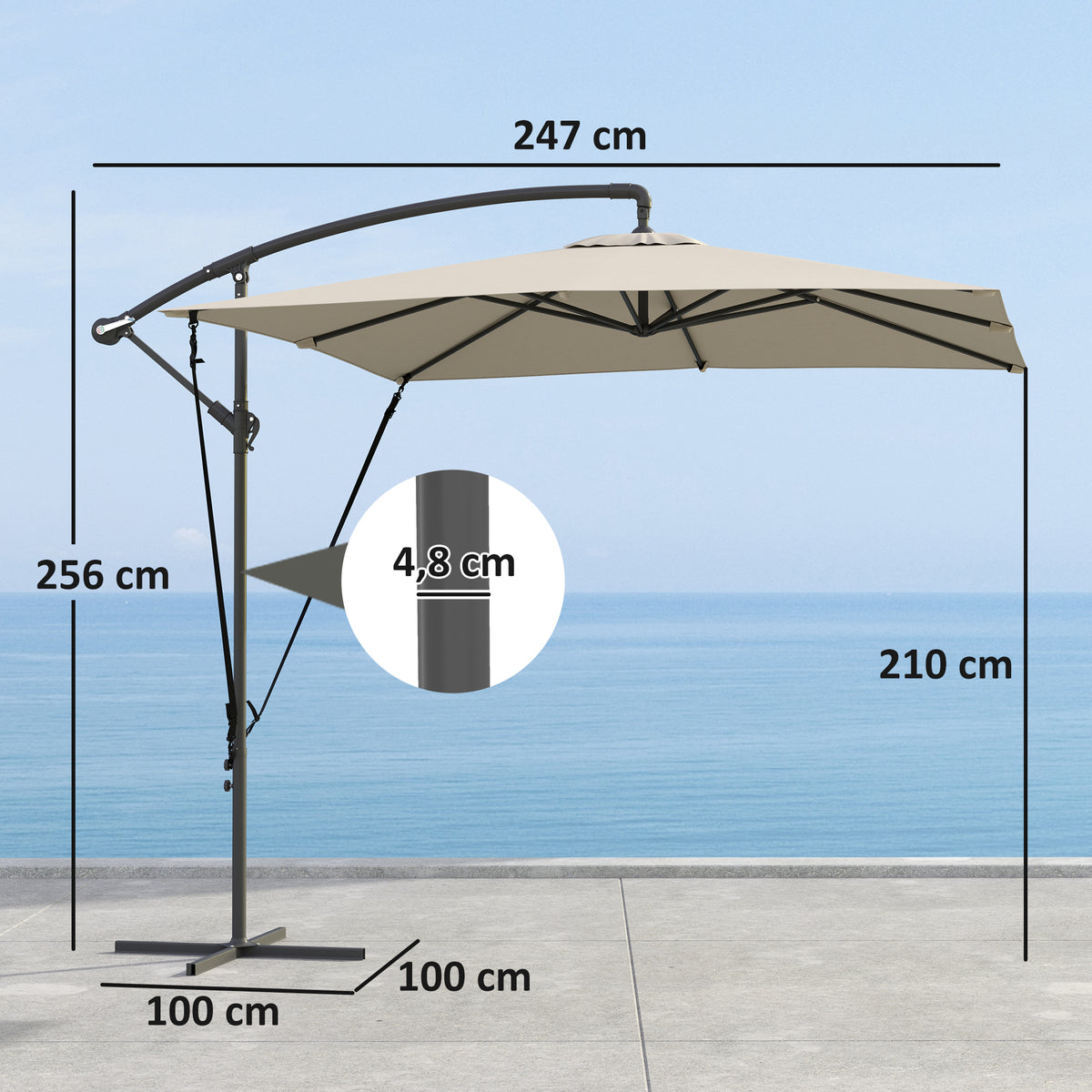 Chapéu de Sol Excêntrico 247x247 cm Chapéu de Sol de Jardim com Base Cruzada Capa Ajustável Manivela Capa Protetora e Corda de Vento Anti-UV 50+ Chapéu de Sol para Varanda Caqui — foto 3
