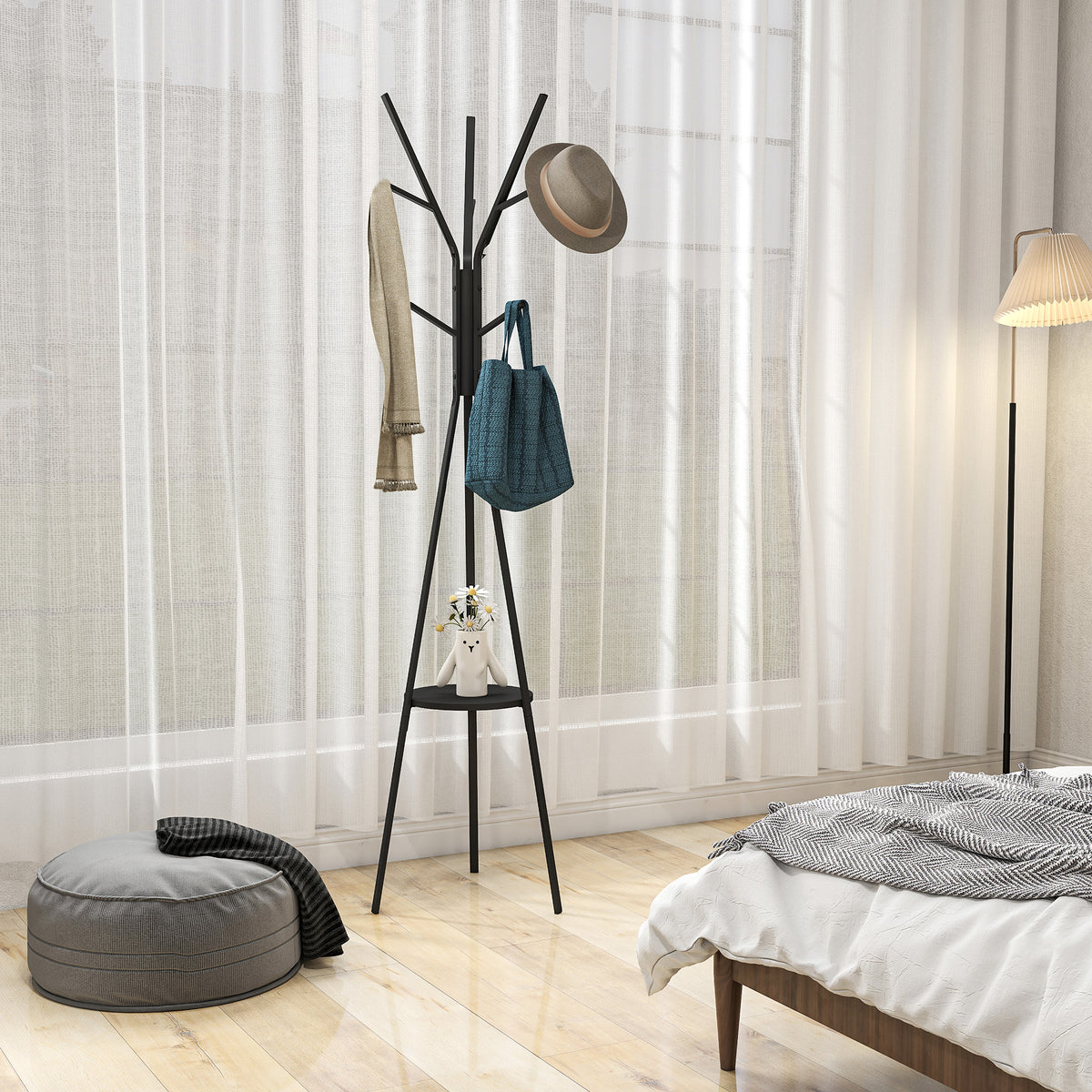 Cabide de Pé Metálico para Pendurar Roupa Bolsas com 9 Ganchos e Prateleira Cabide de Pé Moderno 45x45x180 cm Preto — foto 2