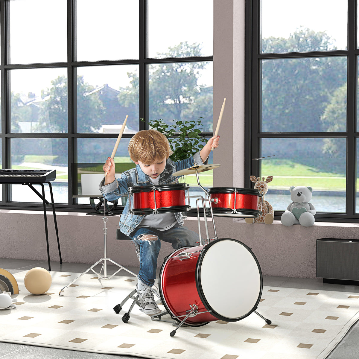 Bateria Infantil com Banco Ajustável Bateria para Crianças de +3 Anos com Tambores Bombo Prato Pedal e Baquetas 80x60x48-65 cm Vermelho — foto 2