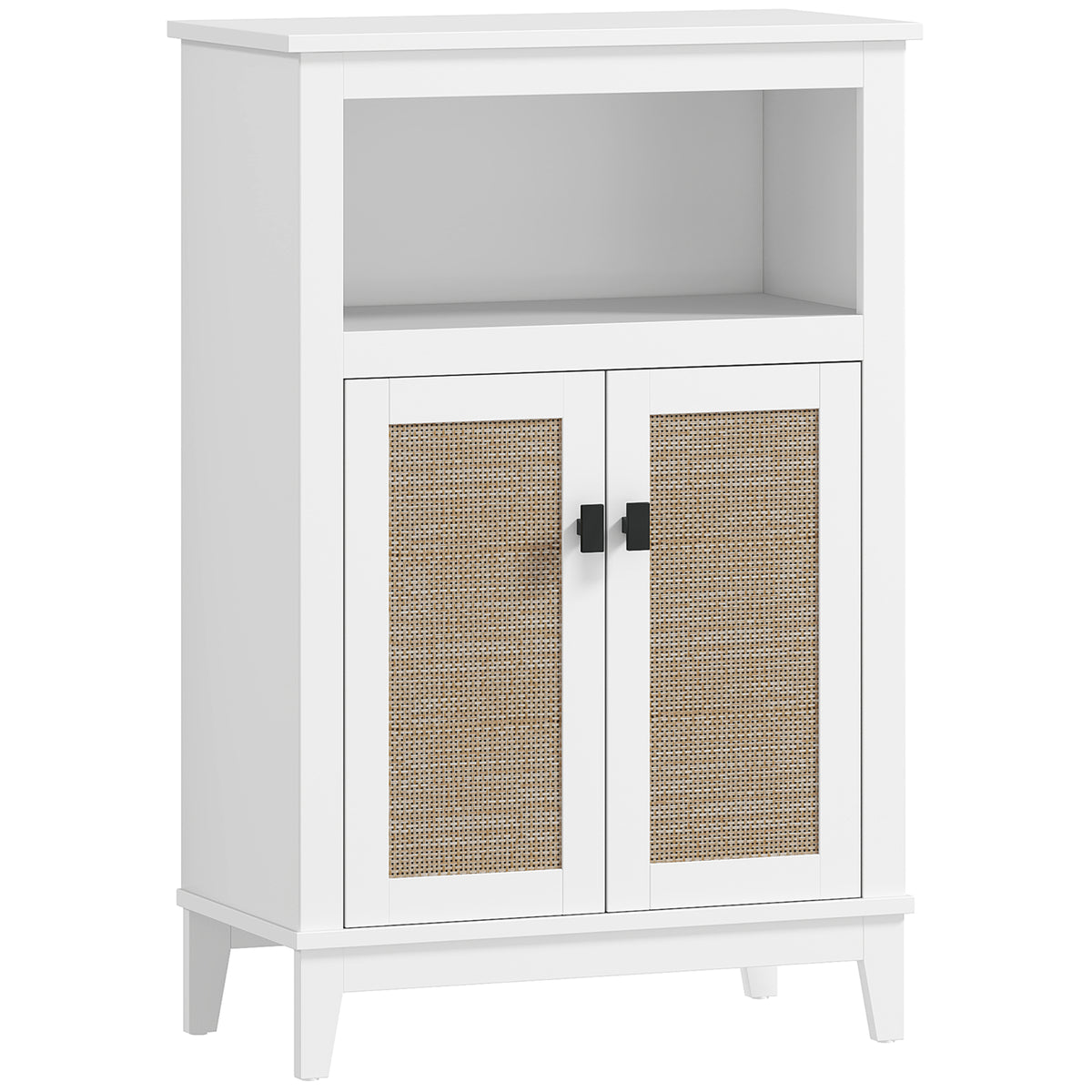 Armário Casa de Banho Móvel Auxiliar Casa de Banho com 2 Portas em Vime Prateleira Ajustável e Compartimento Aberto 60x30x90 cm Branco — foto 1