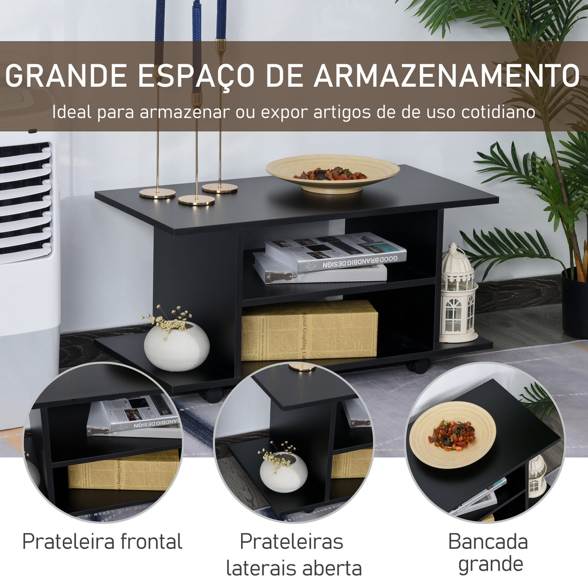 Móvel para TV para Televisores de até 42 Polegadas Móvel de TV com Prateleiras e Rodas com Travão 80x40x40cm Preto — foto 5