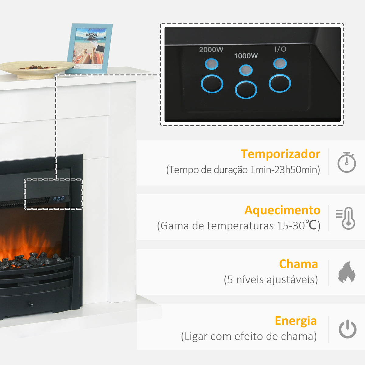Lareira Elétrica Decorativa com 2 Configurações de Aquecimento Temporizador Termostato Integrado Efeito de Chama Realista Ajustável em 5 Níveis 102x30x95cm Branco e Preto — foto 5