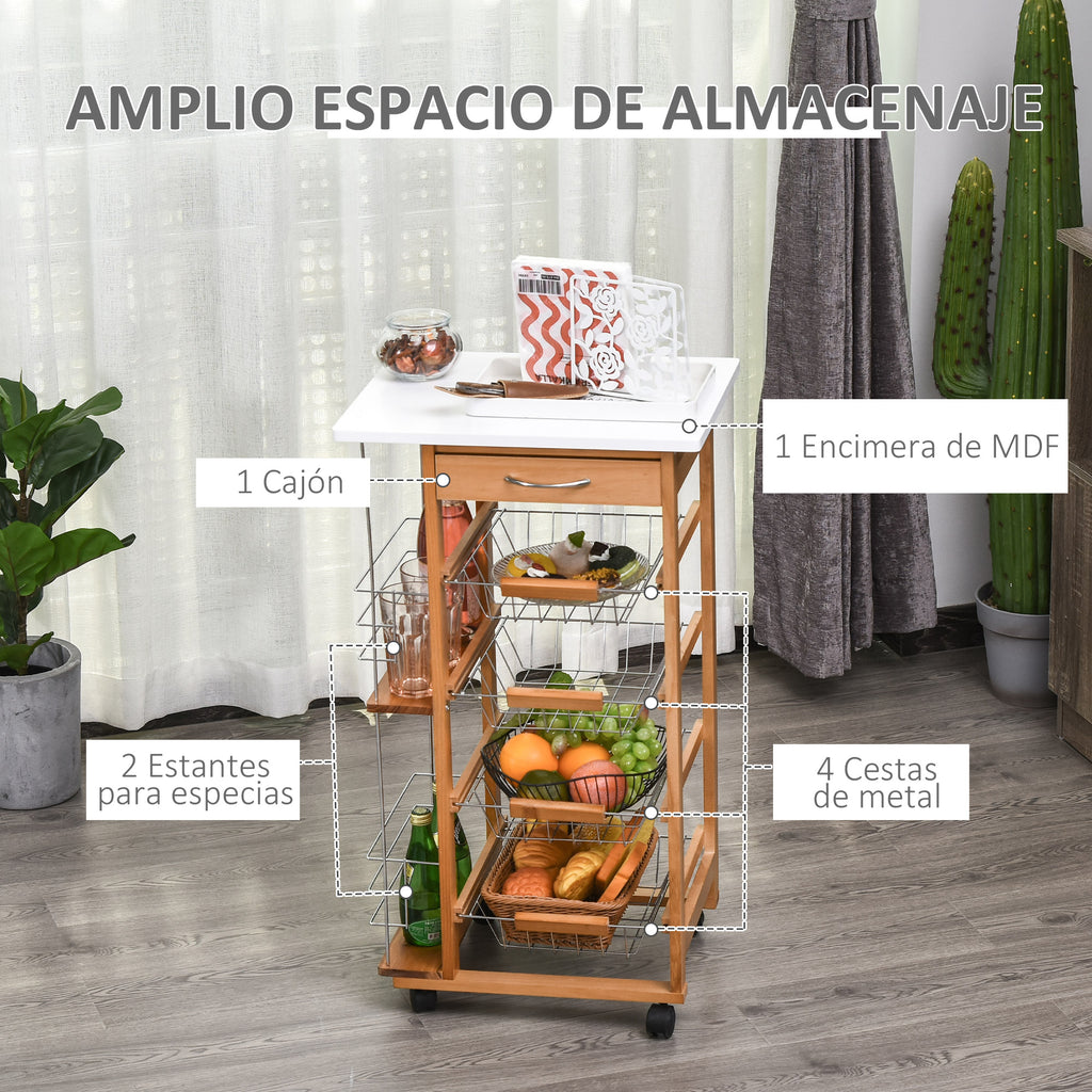 Carrinho de Cozinha com Rodas Carrinho Auxiliar com Gaveta 4 Cestas Amovíveis de Metal e Prateleiras Laterais 47x37x83 cm Madeira — foto 4