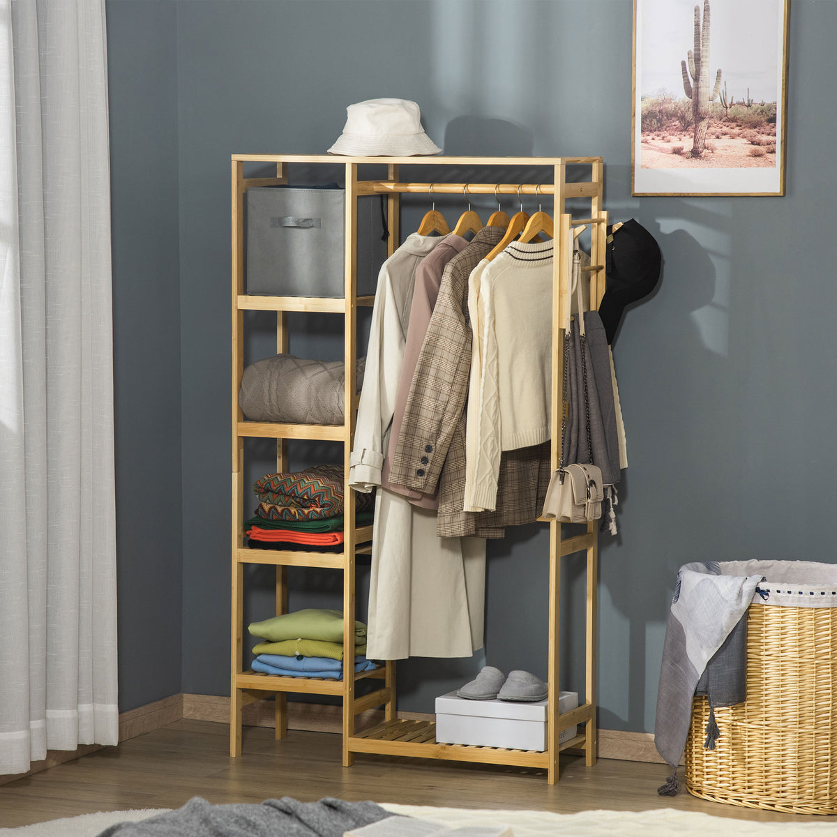 Suporte para Cabides de Bambu Cabideiro com Prateleiras de 4 Níveis com Barra Prateleira Inferior e Cabide Lateral para Roupas Bolsas 90x30x155cm Madeira — foto 2