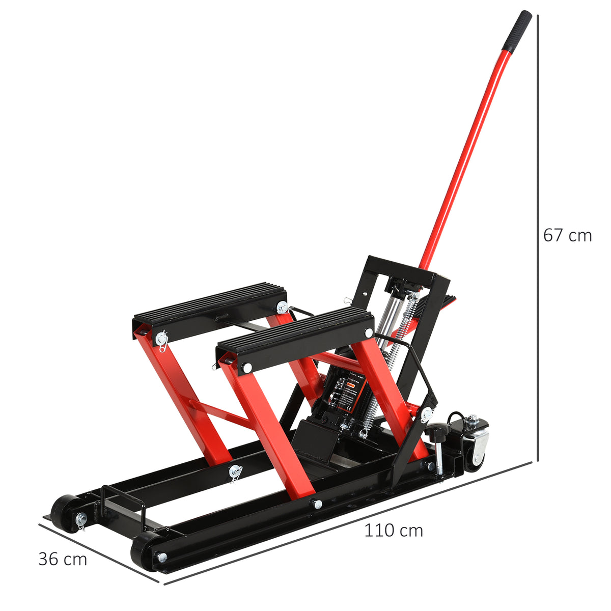 Macaco Hidráulico de Motocicletas Elevador de garagem ATV pista com plataforma Suporte antiderrapante para serviço pesado em aço 680 kg 110x36x67 cm Preto e vermelho — foto 3