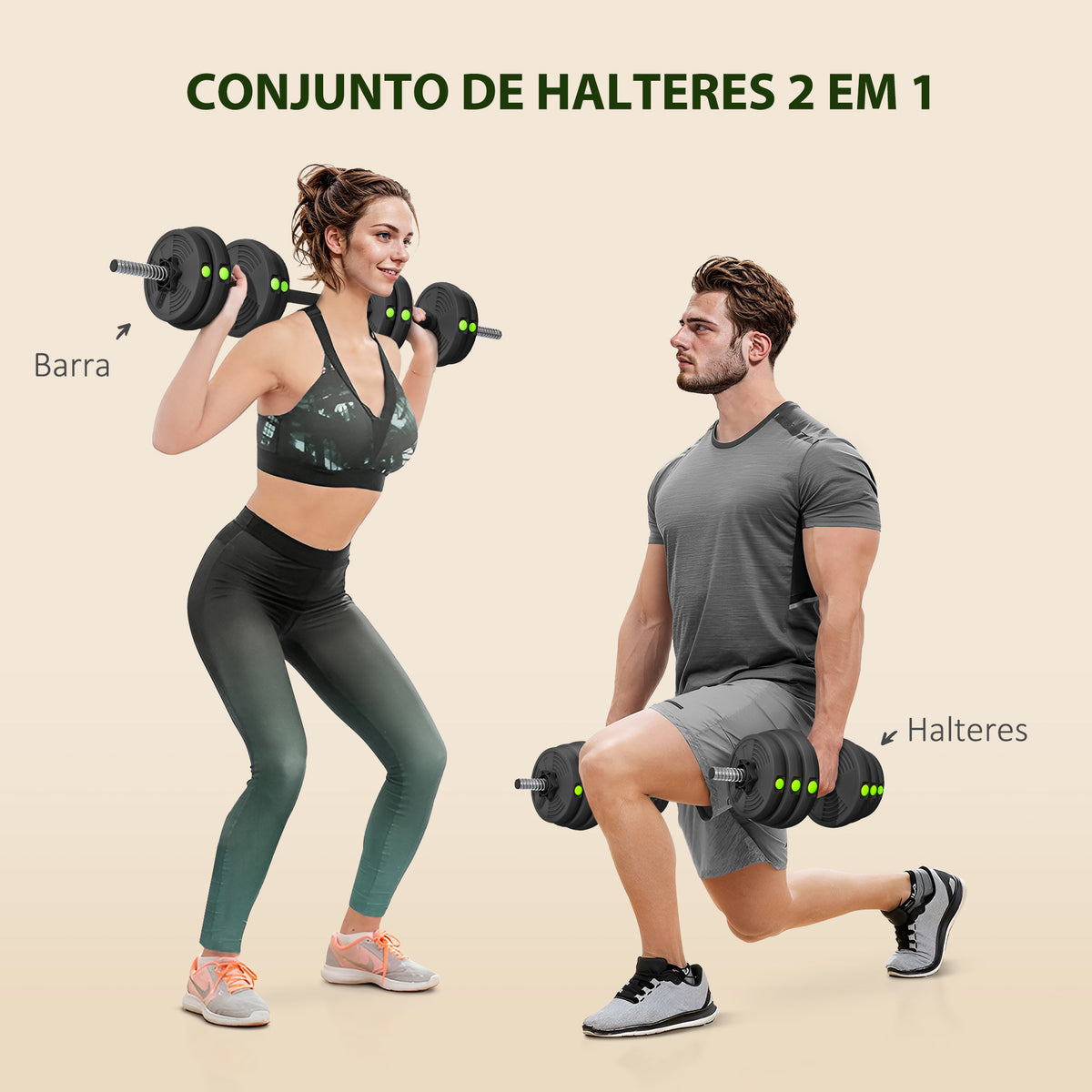 Kit de Halteres 30 kg 2 em 1 Jogo de Pesos com Barra de Pesos Pega Antiderrapante para Treino de Força em Casa Ginásio Escritório Preto e Verde — foto 4