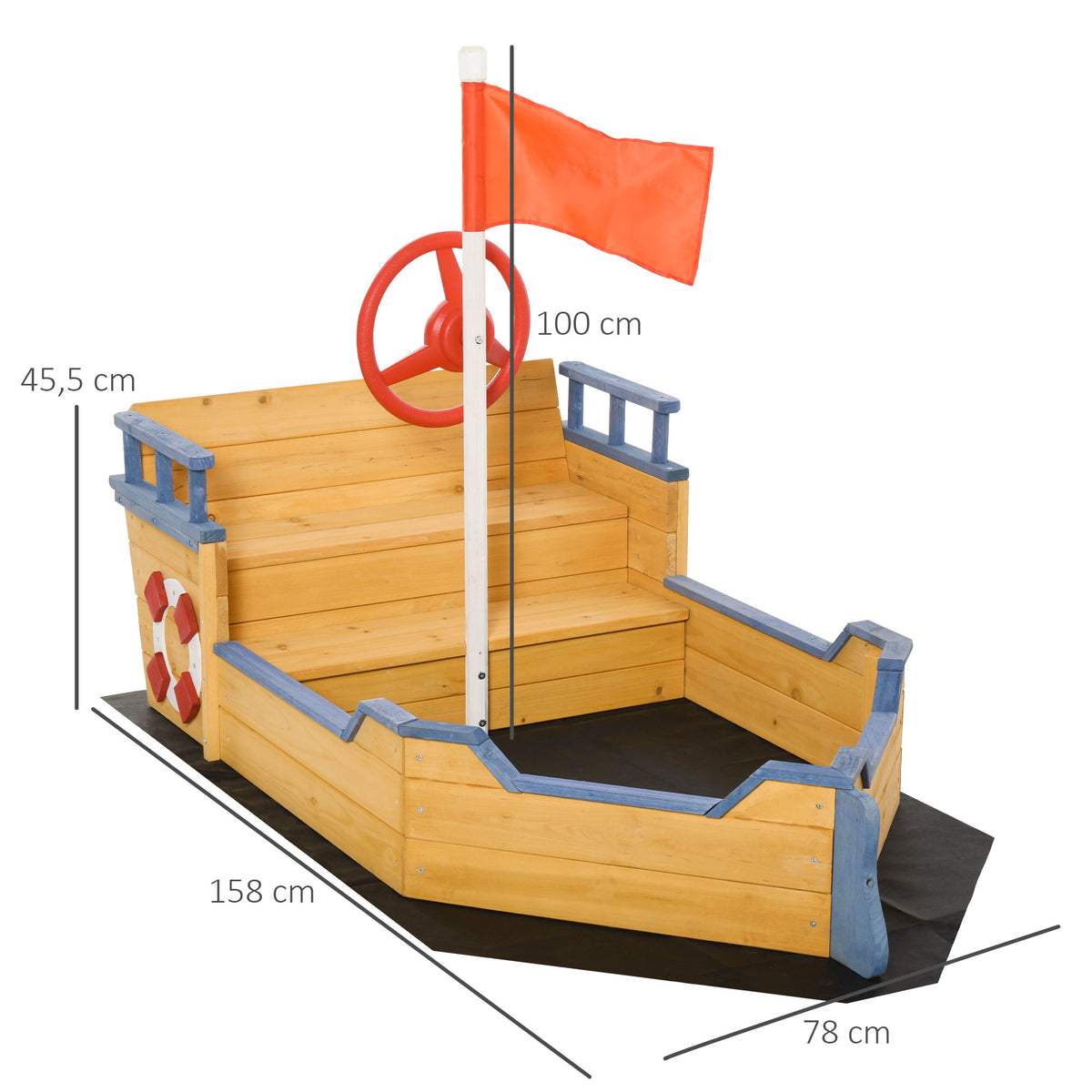 Caixa de Areia Infantil de Madeira Desenho de Galeão com Assento 2 Degraus Bandeira Vermelha e Leme Caixa de Areia de Jardim para Crianças acima de 3 Anos 158x78x45,5cm Natural — foto 3