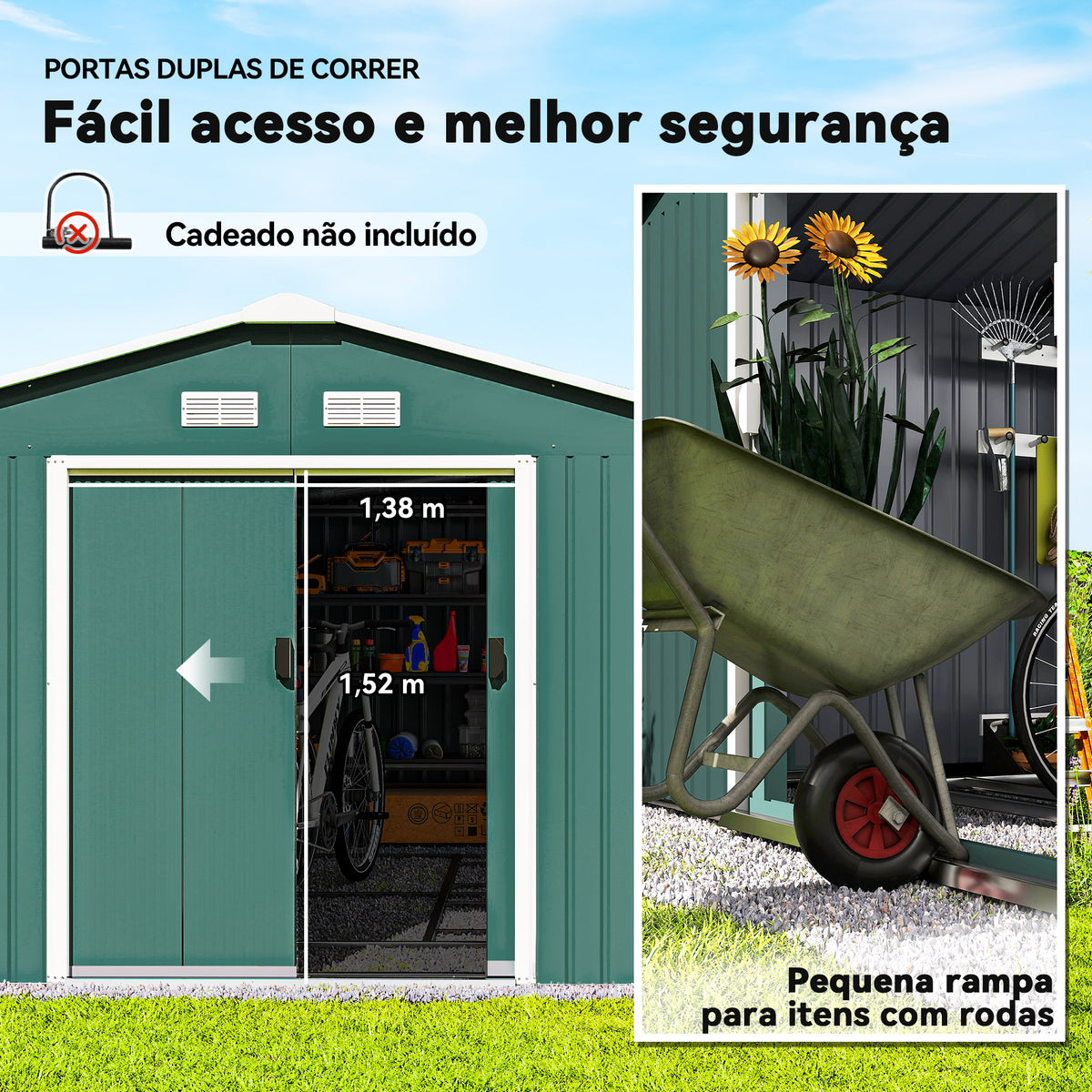 Abrigo de Jardim Metálico 340x386x200cm Abrigo de Exterior para Armazenamento de Ferramentas com Base de Reforço Incluida 4 Janelas de Ventilação e Porta Corredeira Verde — foto 5
