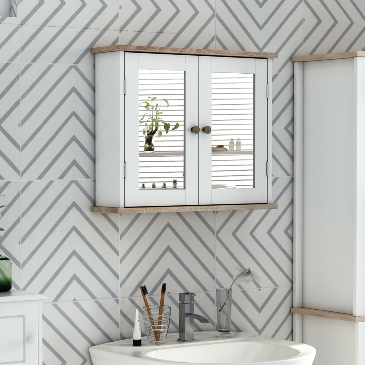 Armário de banheiro montado na parede com espelho 2 portas Prateleira ajustável em 3 posições 56x14x46 cm Branco — foto 2
