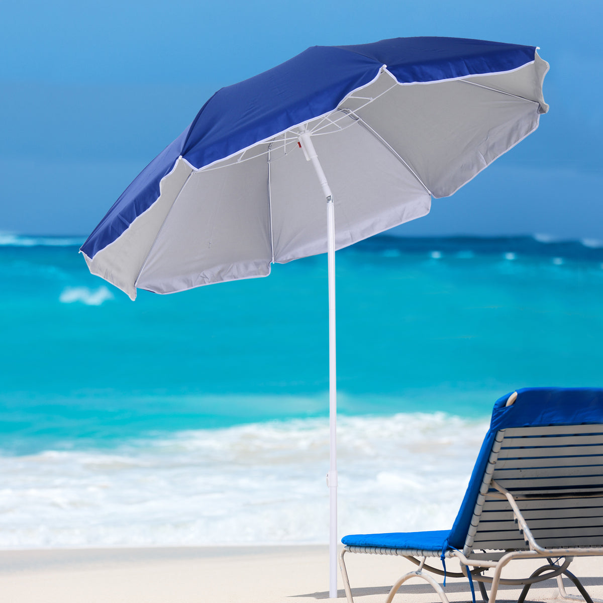 Chapéu de Sol de Praia Grande Ø160 cm Chapéu de Sol de Exterior com Ângulo Ajustável Proteção UV Impermeavel e Bolsa de Transporte Azul — foto 2