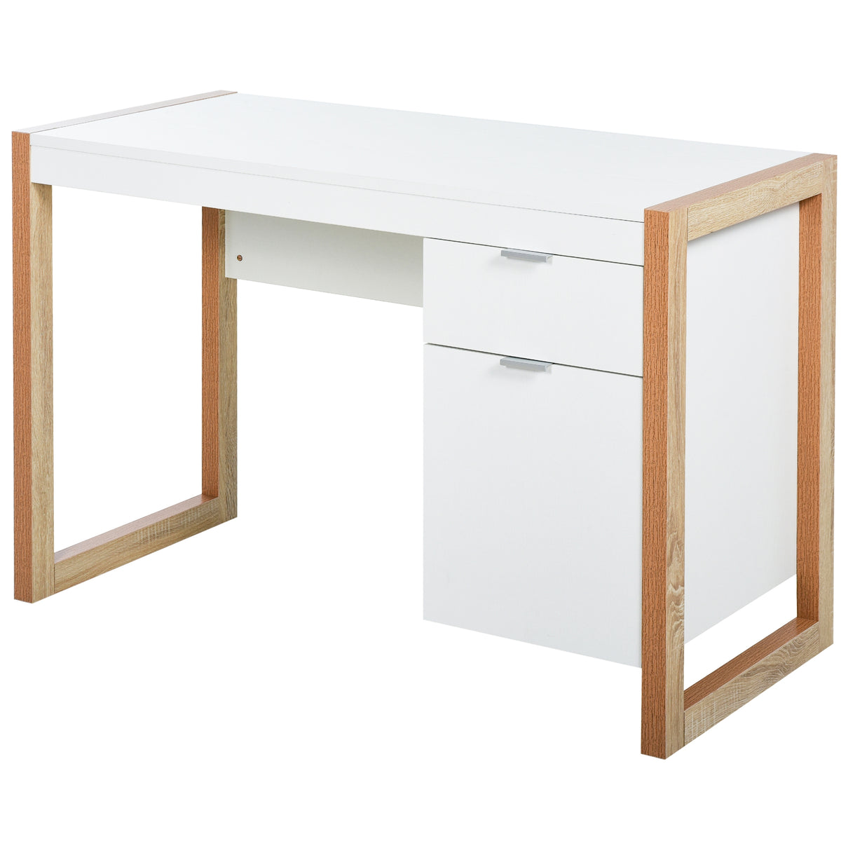 Mesa de Computador Secretária Espaçosa com Gaveta Armário Pés em Forma Retangular Estilo Moderno 112,5x50x75,5 cm Branco e Madeira — foto 1