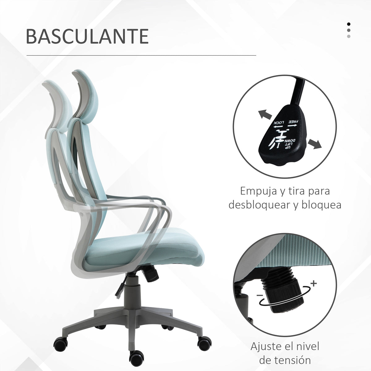 Cadeira de escritório ergonômica Cadeira de mesa inclinável ajustável em altura com encosto de braço Encosto de cabeça 5 rodas Suporta até 120 kg 64x58x116-126 cm Azul — foto 5