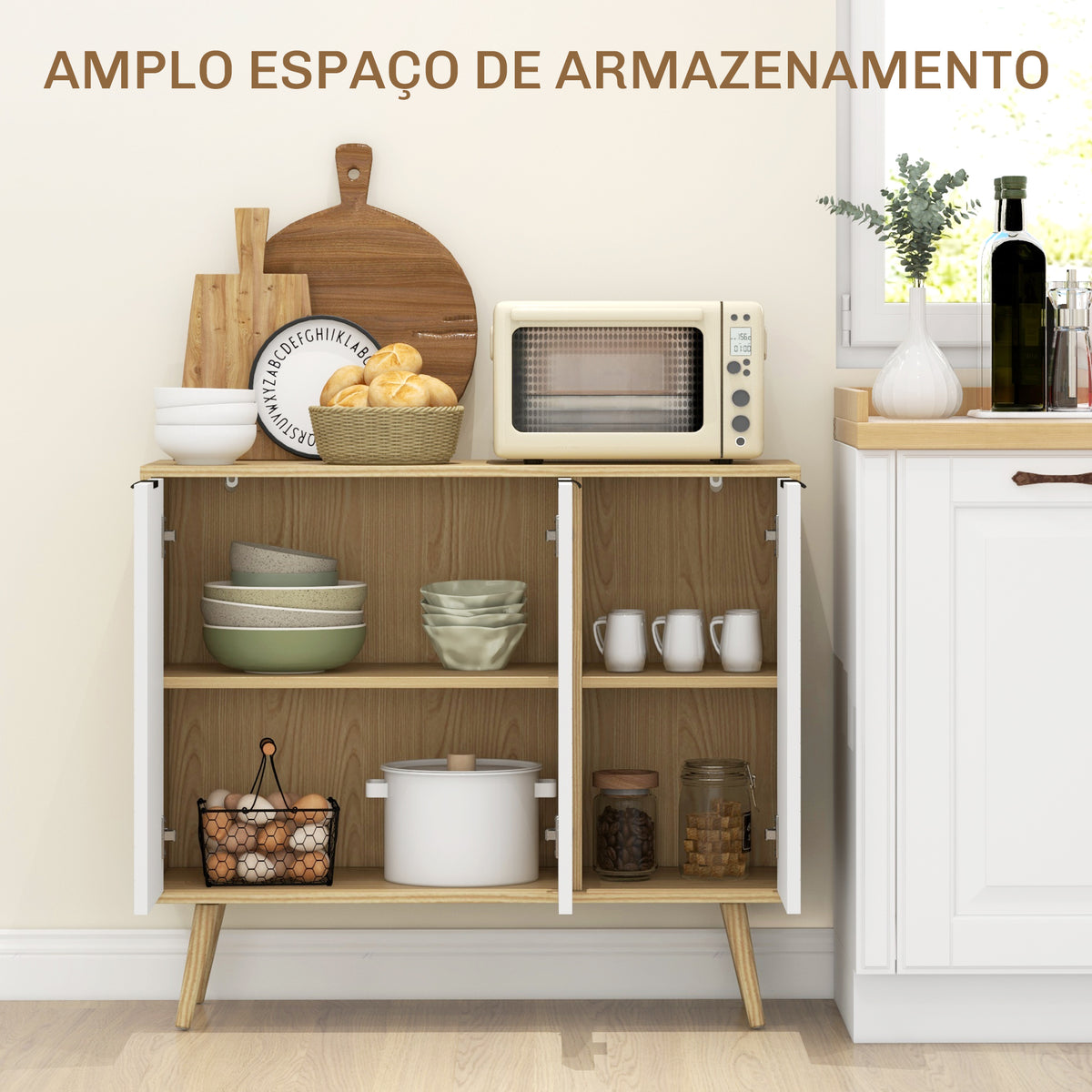 Aparador de Cozinha Moderno Móvel Buffet Auxiliar com Prateleiras Ajustáveis 2 Armários e Anti-Tombo Carga Máx. 50 kg para Sala de Estar 191,5x35x77,4 cm Branco e Madeira — foto 4