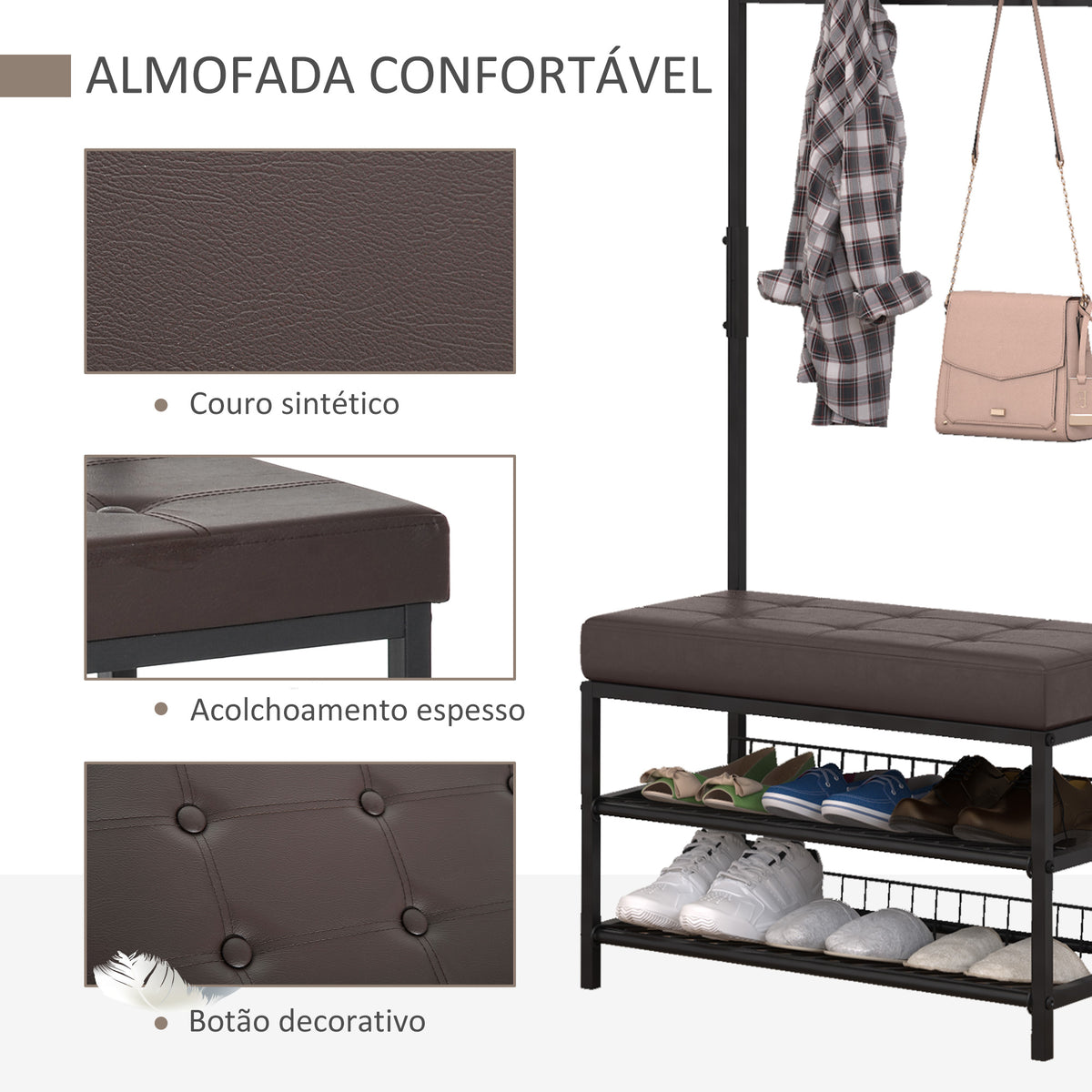 Móvel Cabide de Entrada com Assento Acolchoado e Sapateira Armário de Entrada com Cabides 72,5x35x180cm Preto — foto 5